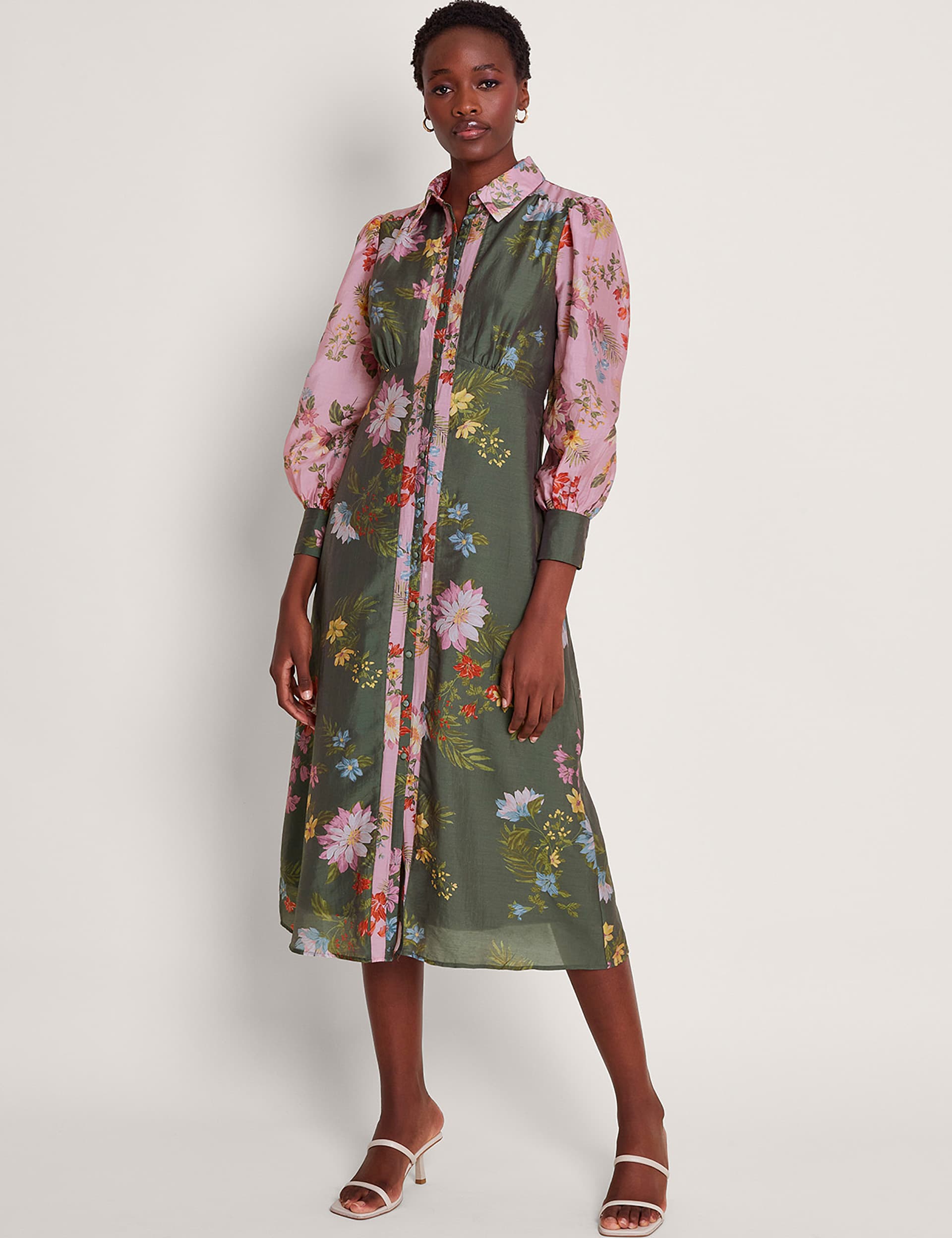 Monsoon Women's Lyocell Rich Floral Midi Shirt Dress - 20 - Green Mix, Green Mix