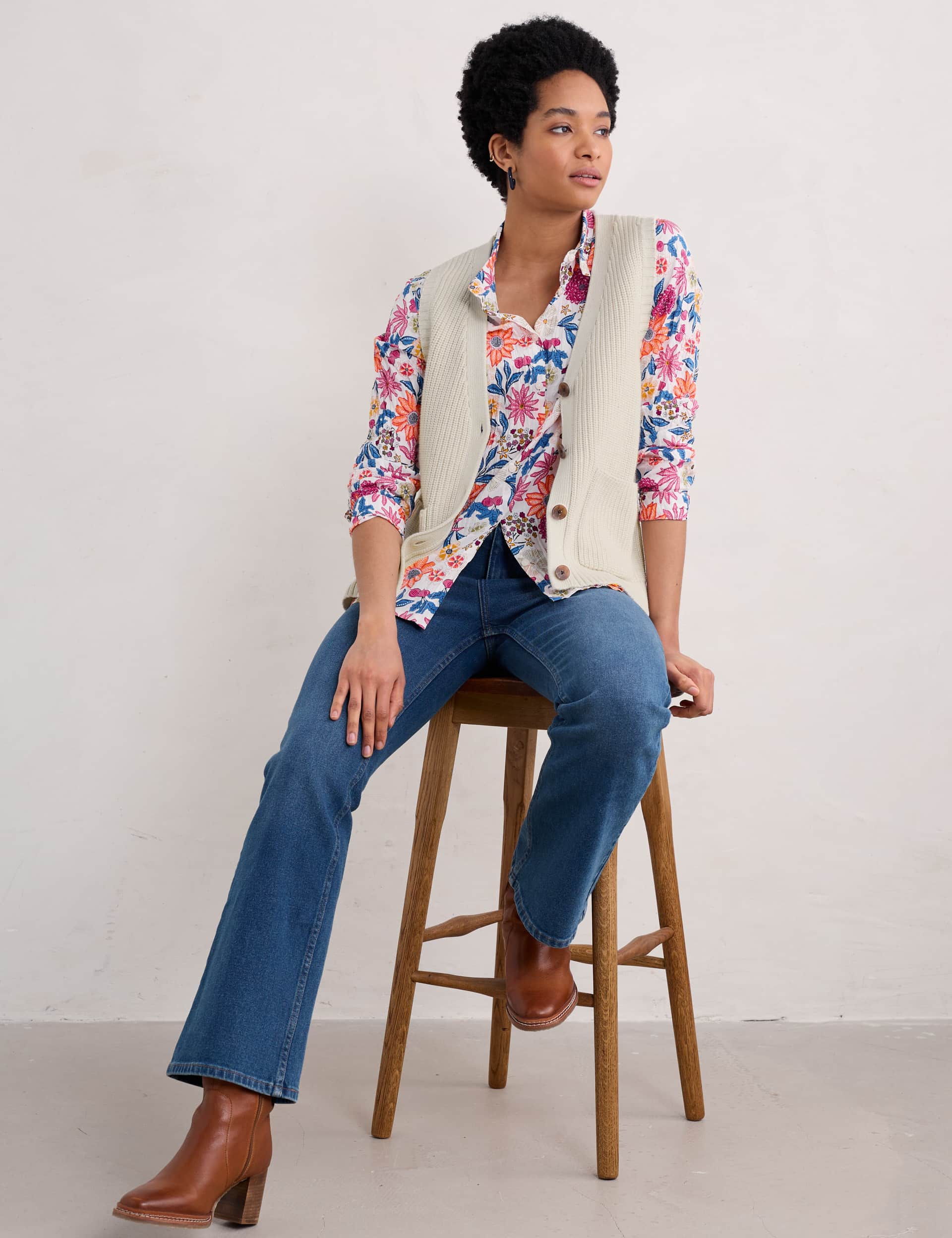 Seasalt Cornwall Women's Pure Cotton Floral Crinkle Collared Shirt