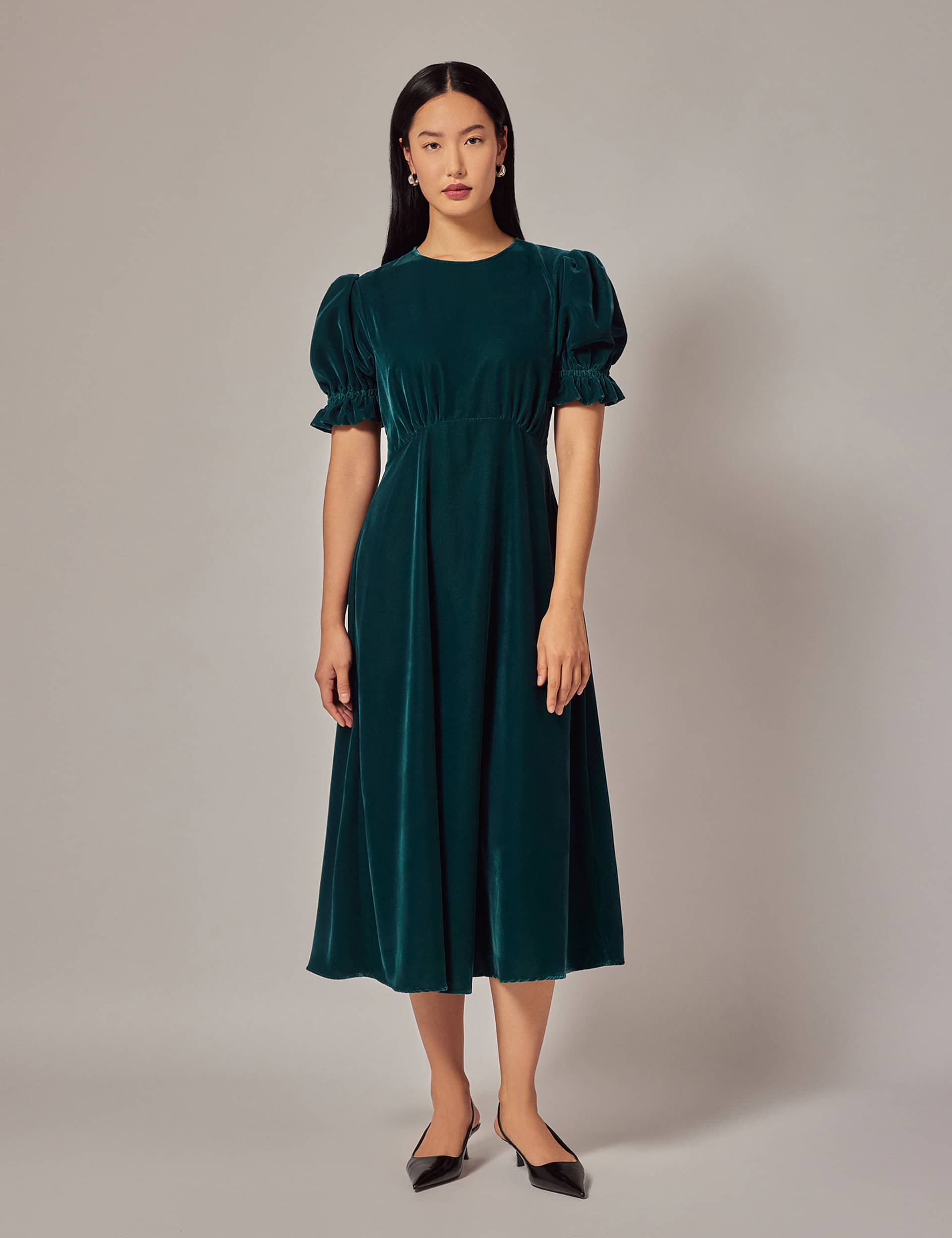 Finery London Women's Velvet Round Neck Midi Tea Dress - 18 - Green, Green