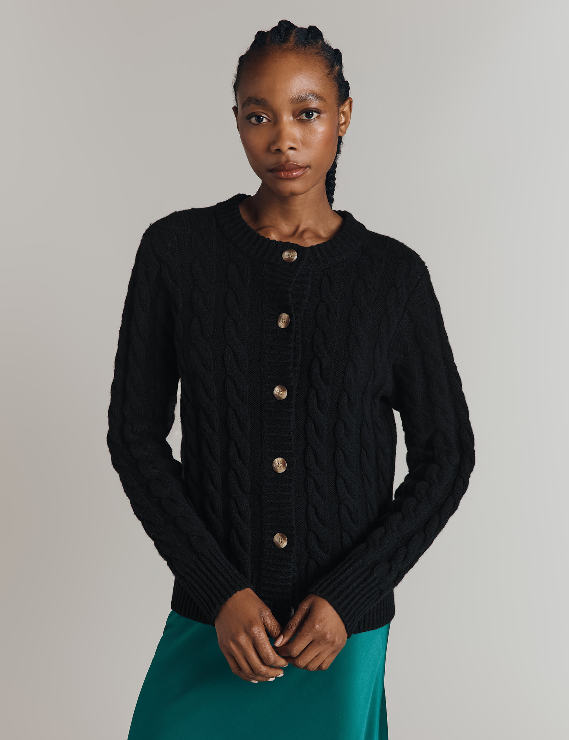 Ghost Women's Wool Rich Cable Knit Cardigan - S - Black, Black,Light Brown,Blue