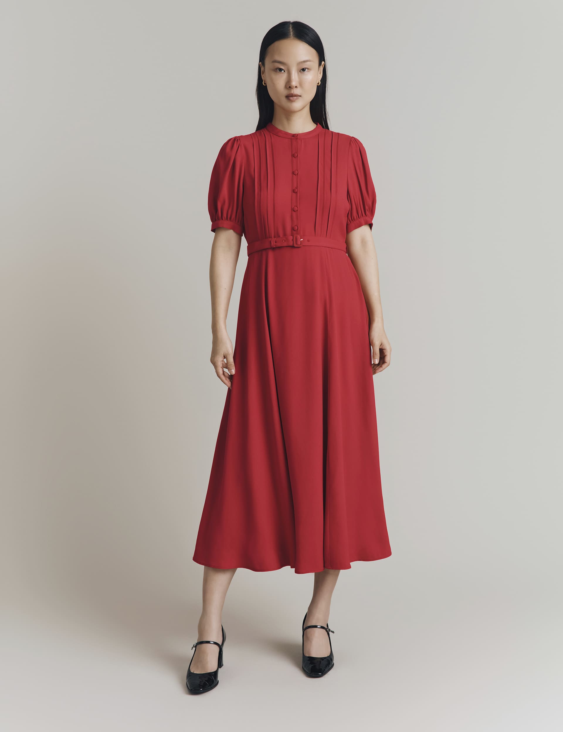 Ghost Women's Satin Crepe Belted Midi Tea Dress - Red, Red