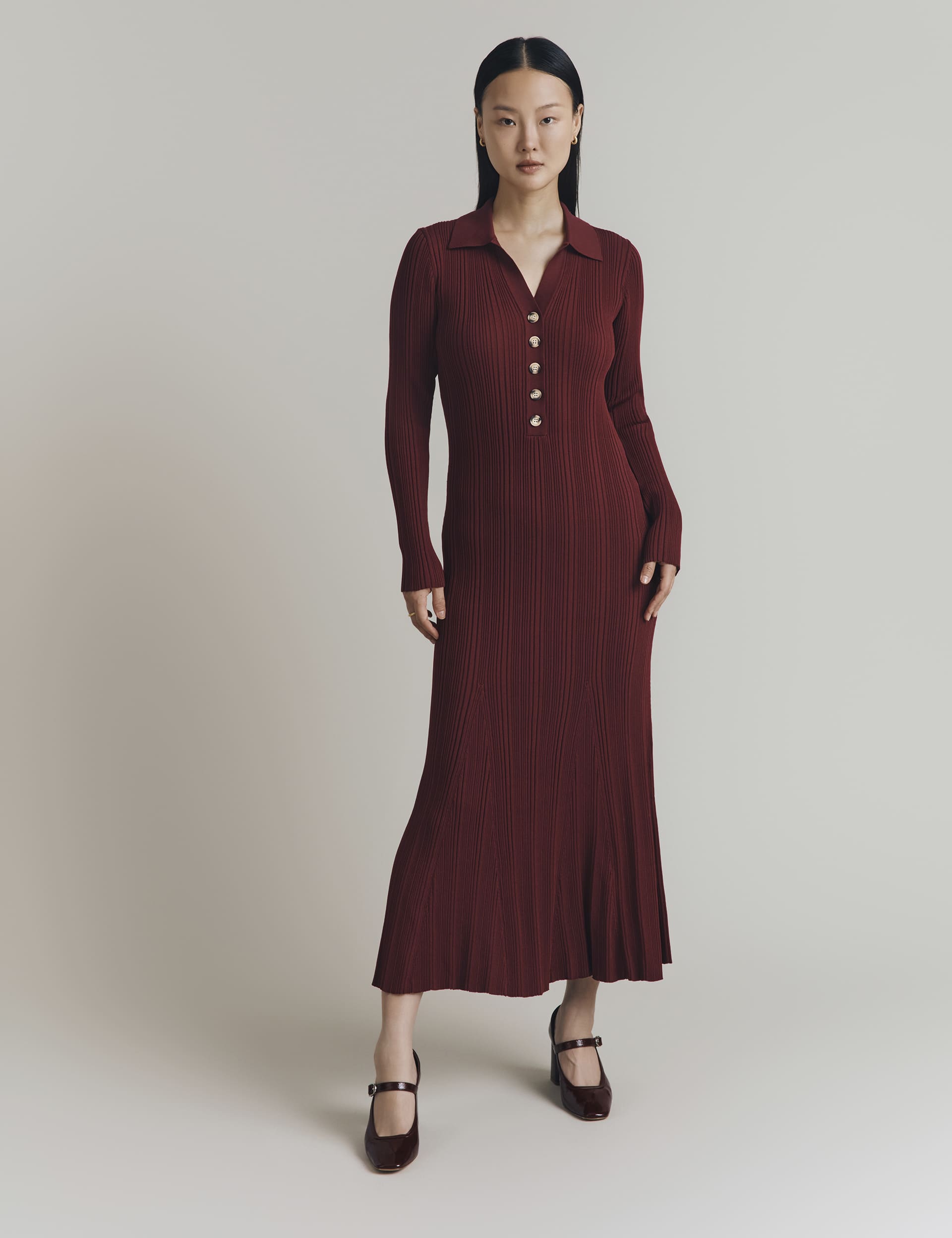 Ghost Women's Knitted Button Detail Midaxi Dress - Burgundy, Black,Burgundy,Brown