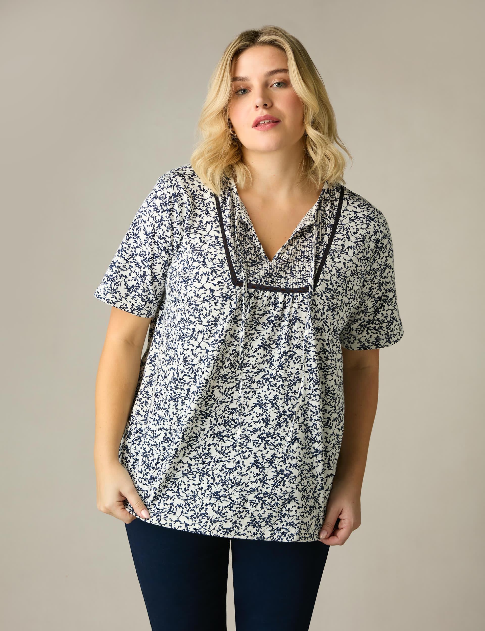 Live Unlimited London Women's Pure Cotton Leaf Print Tunic - 14 - Navy Mix, Navy Mix