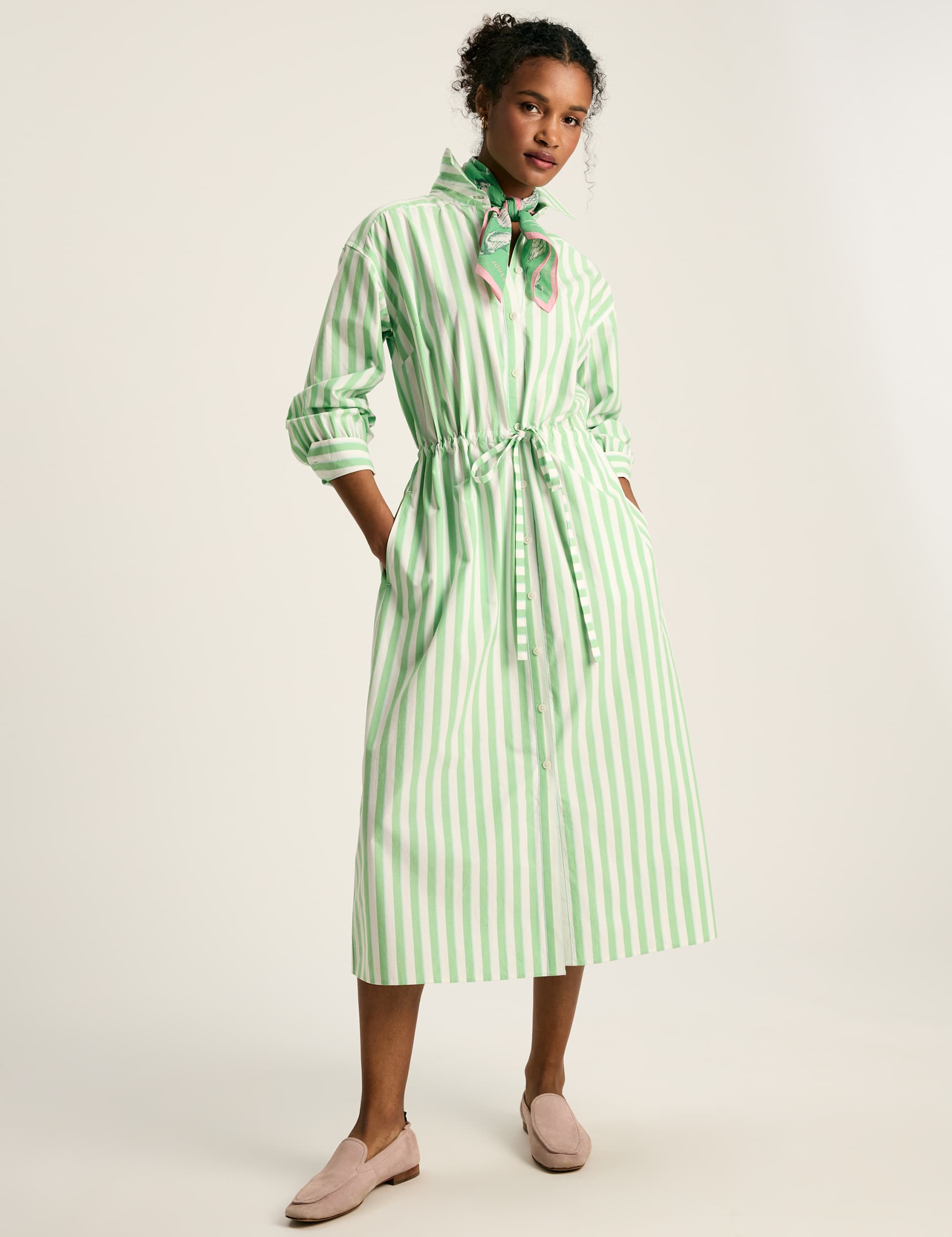 Joules Women's Pure Cotton Striped Midi Shirt Dress - 14 - Green Mix, Green Mix