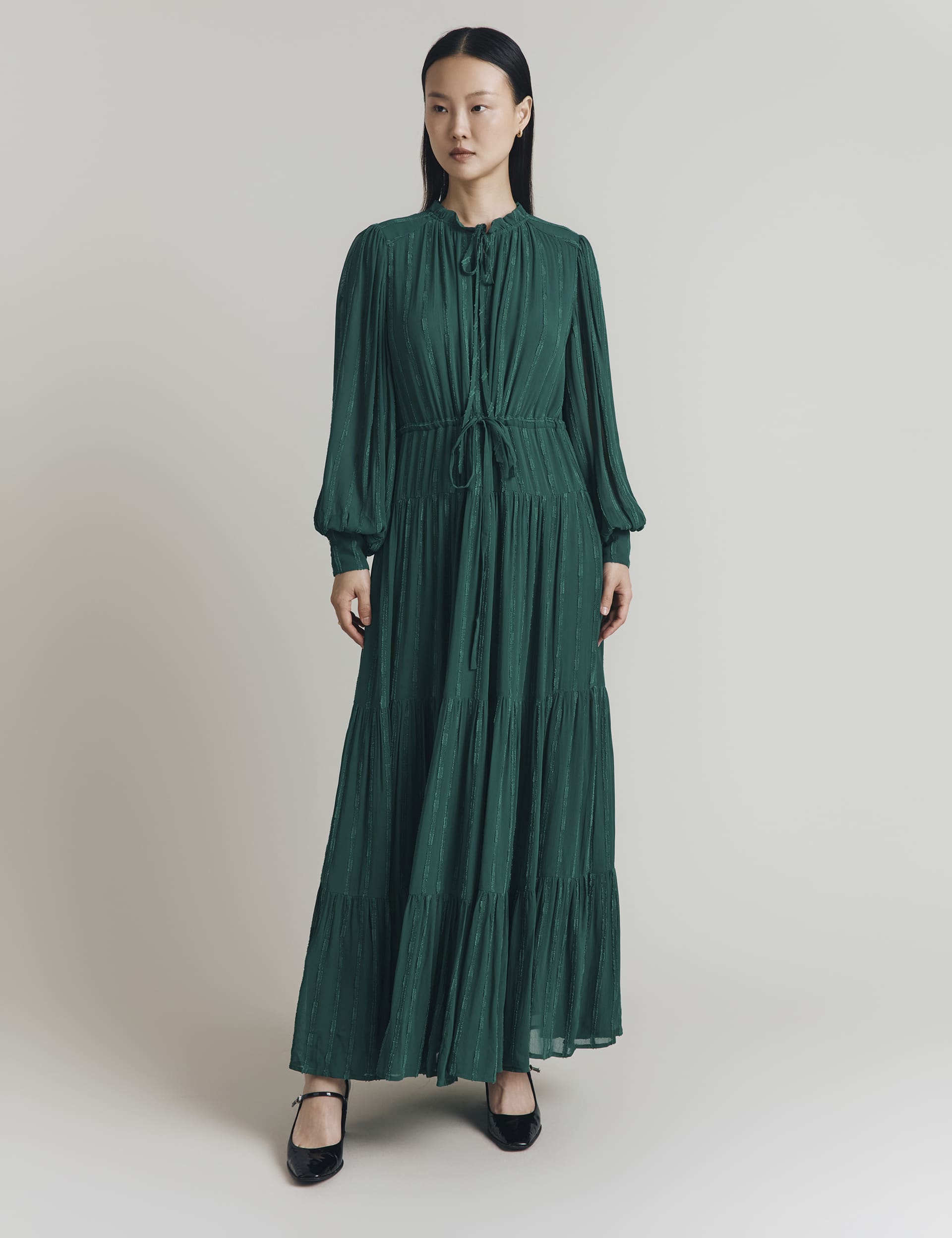 Ghost Women's Striped Blouson Sleeve Midaxi Tiered Dress - Dark Green, Dark Green