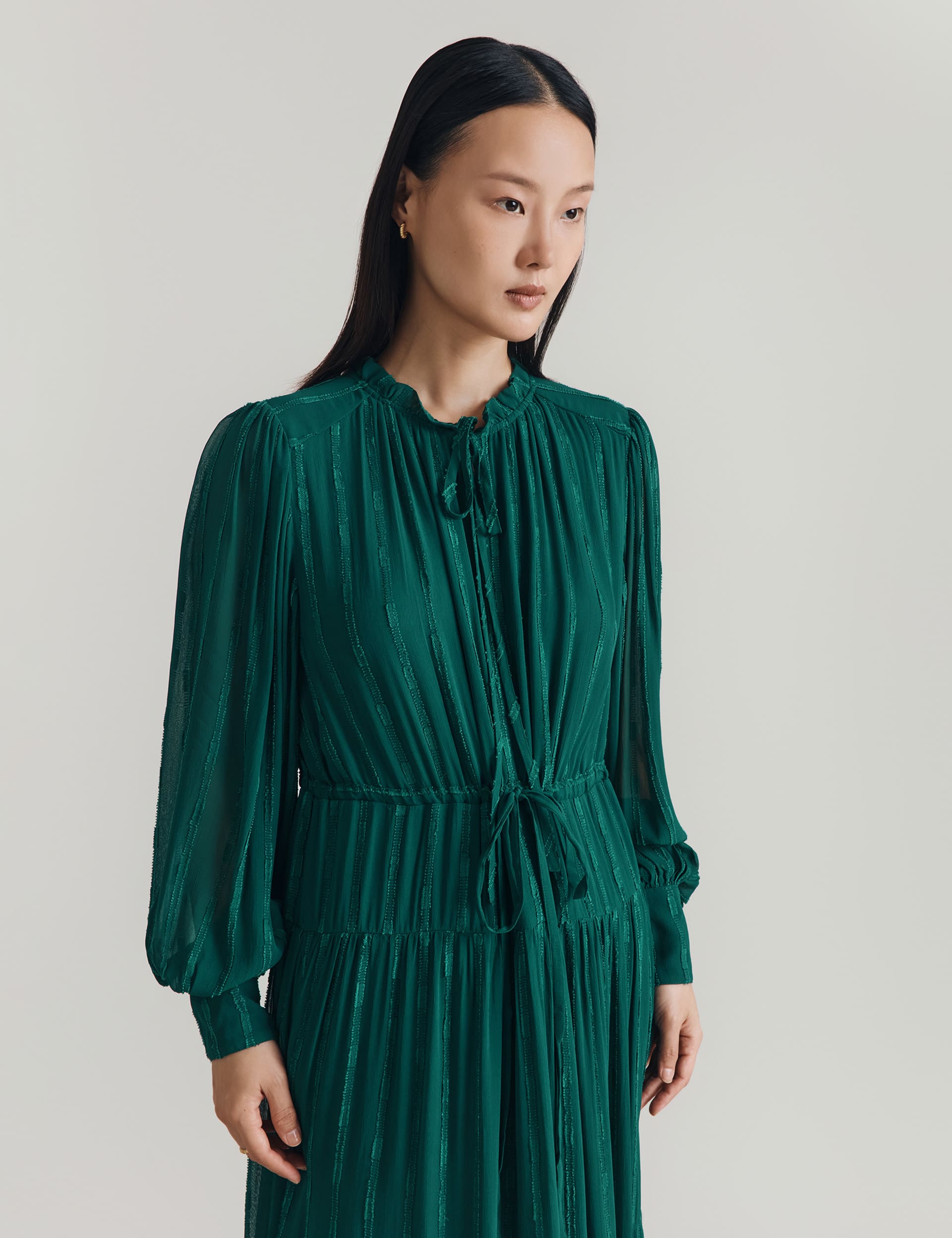 Ghost Women's Striped Blouson Sleeve Midaxi Tiered Dress - Dark Green, Dark Green