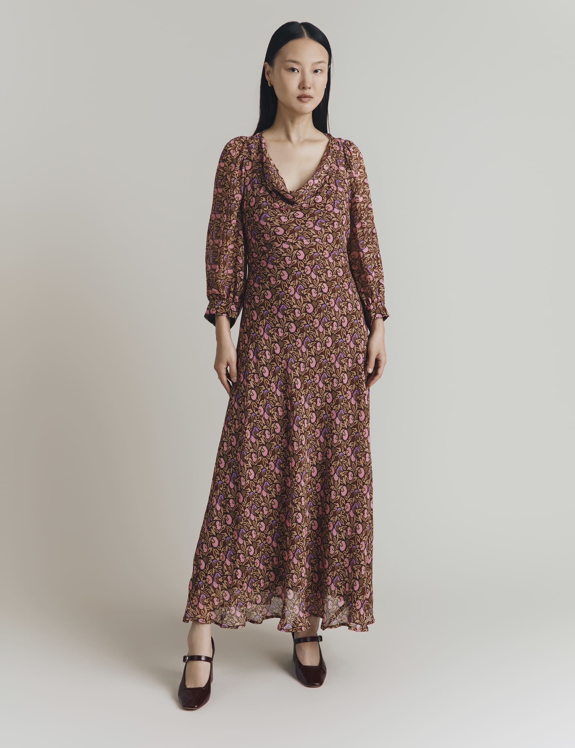 Ghost Women's Floral Print Cowl Neck Midi Waisted Dress - Brown Mix, Brown Mix