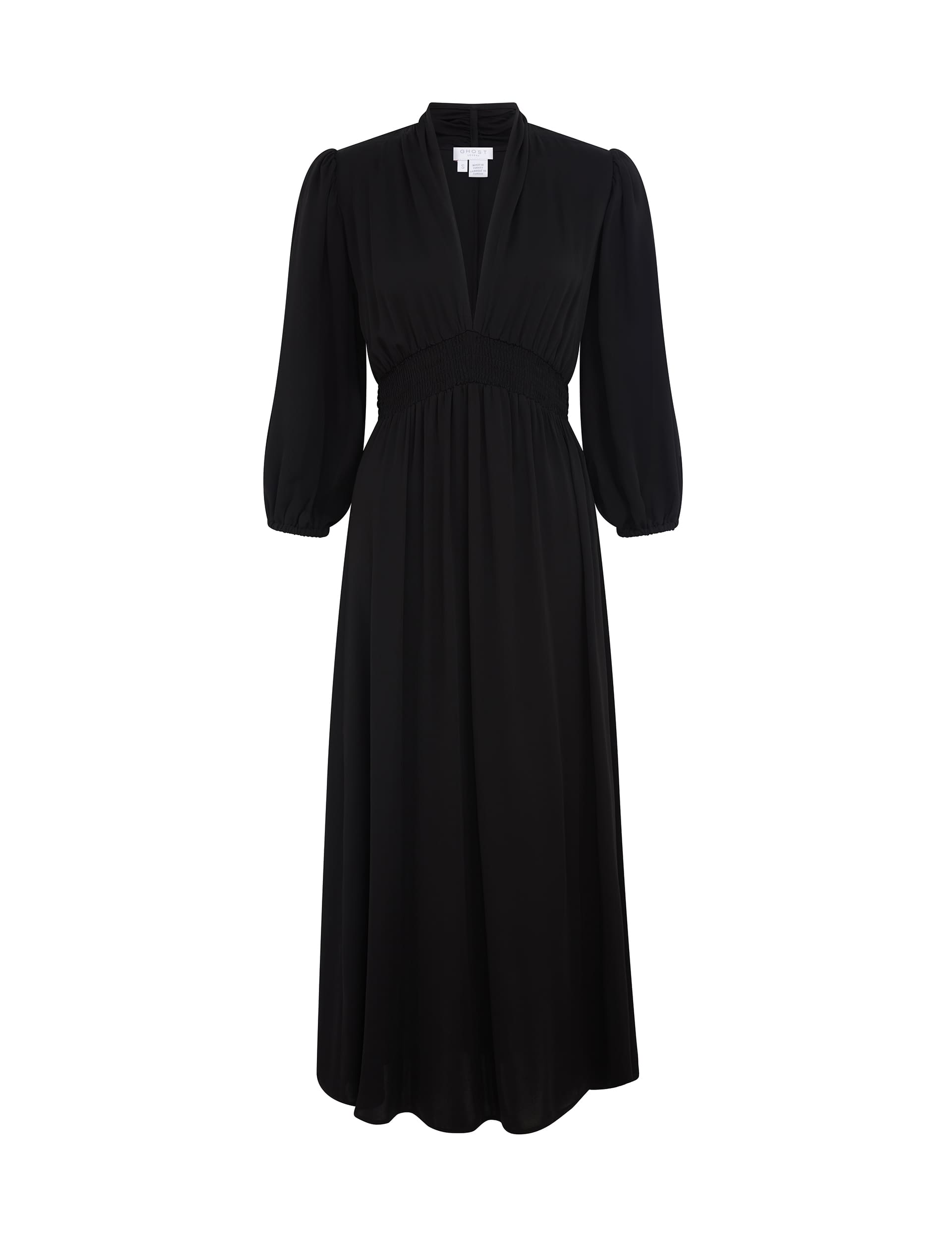 Ghost Women's V-Neck Blouson Sleeve Midi Smock Dress - Black, Black