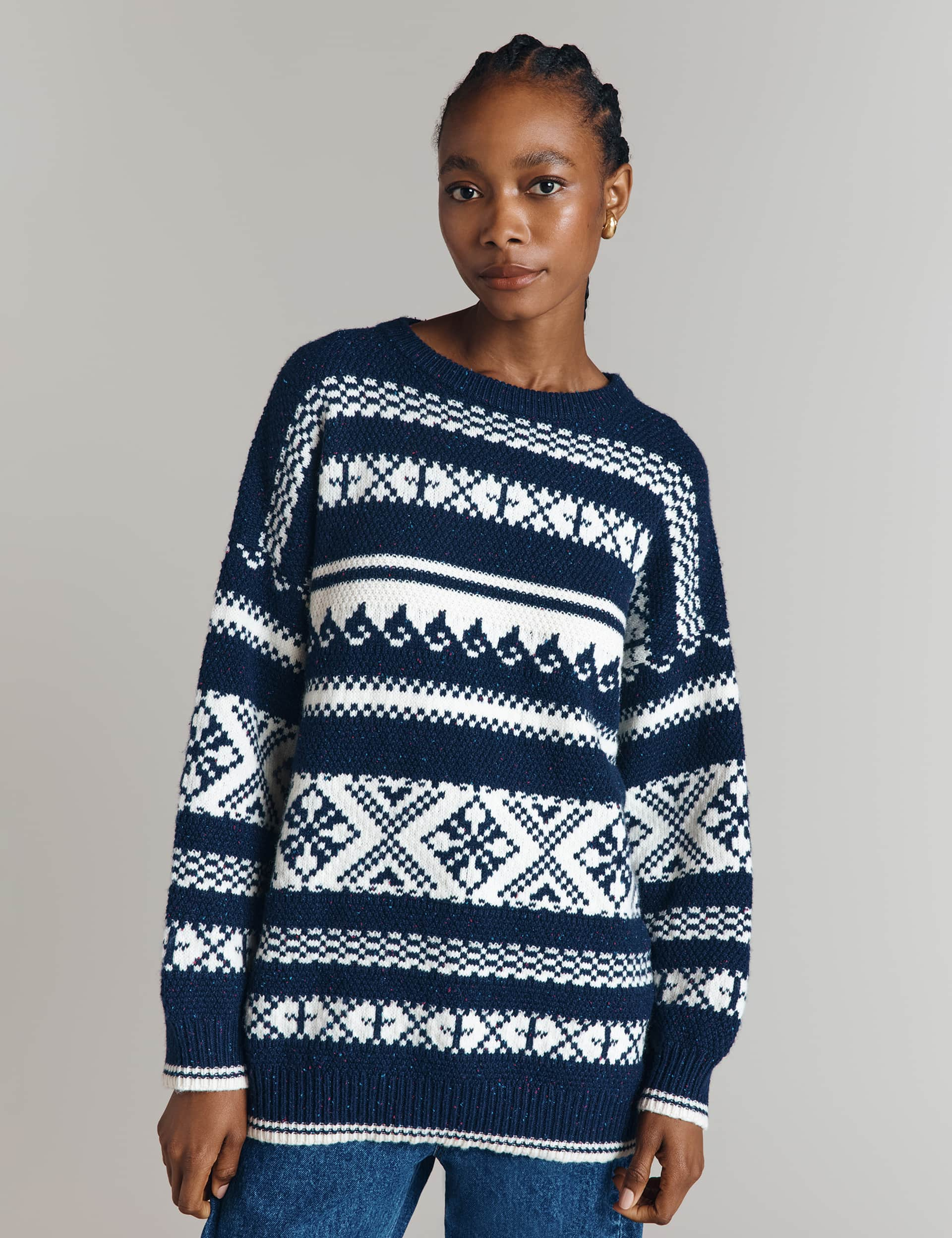 Ghost Women's Fair Isle Crew Neck Jumper with Wool - Navy Mix, Navy Mix