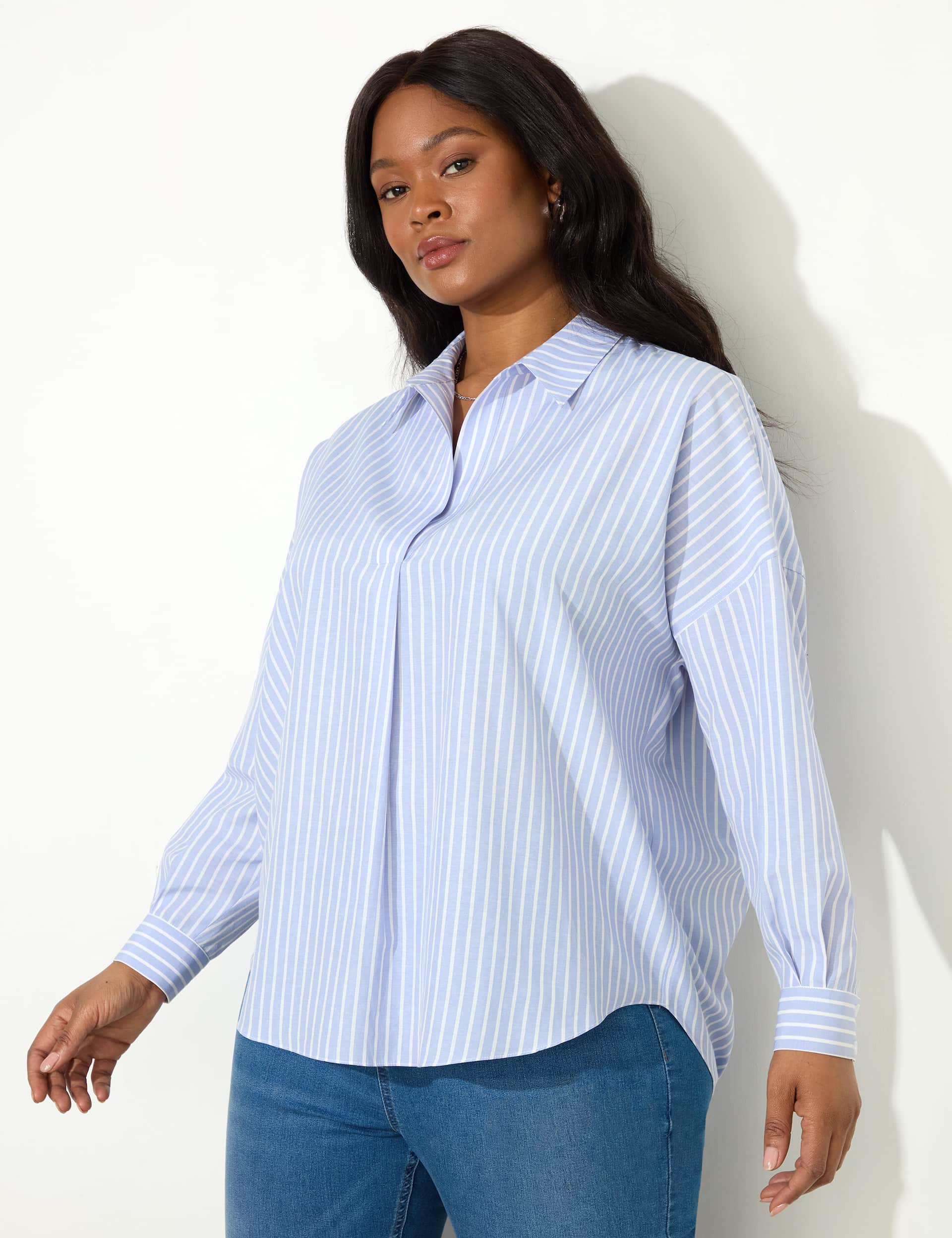 Live Unlimited London Women's Cotton Blend Striped Button Detail Shirt - 22 - Blue Mix, Blue Mix