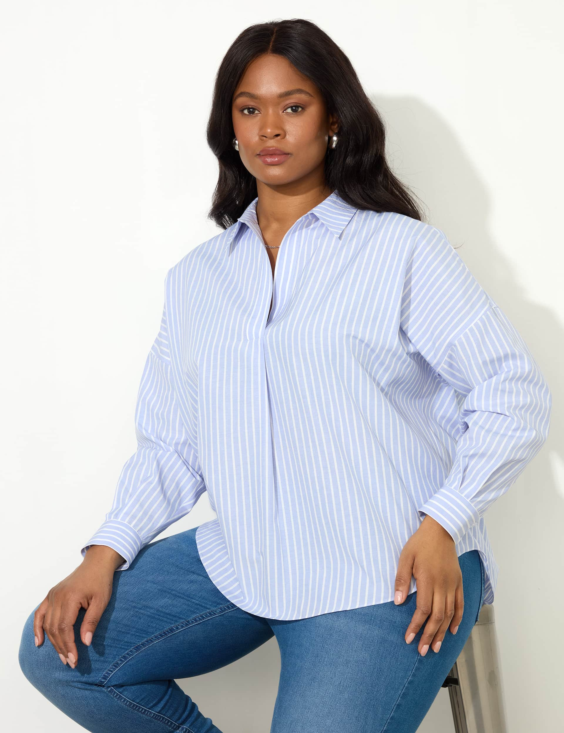 Live Unlimited London Women's Cotton Blend Striped Button Detail Shirt - 20 - Blue Mix, Blue Mix