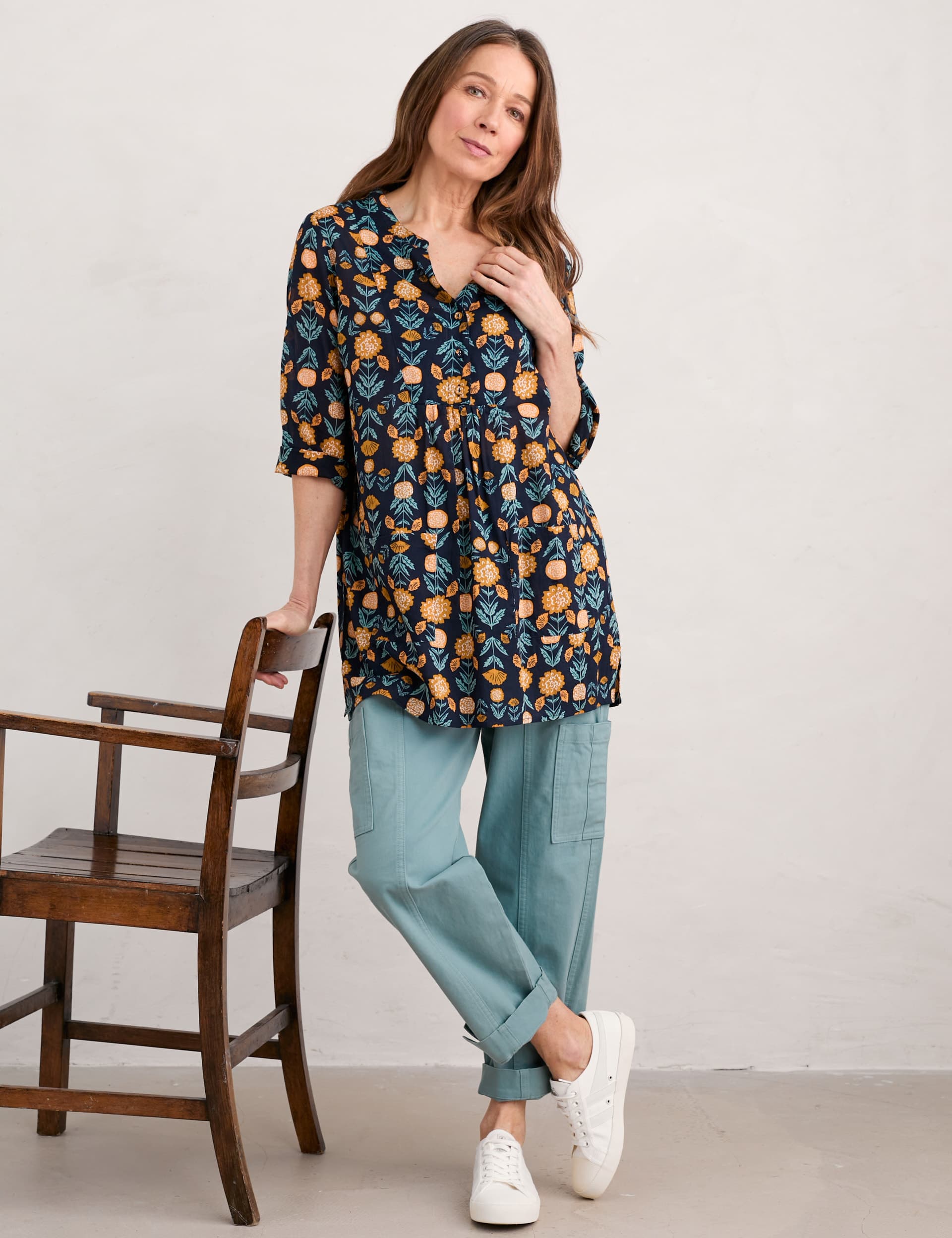 Seasalt Cornwall Women's Pure Cotton Floral Notch Neck Tunic - 14 - Navy Mix, Navy Mix