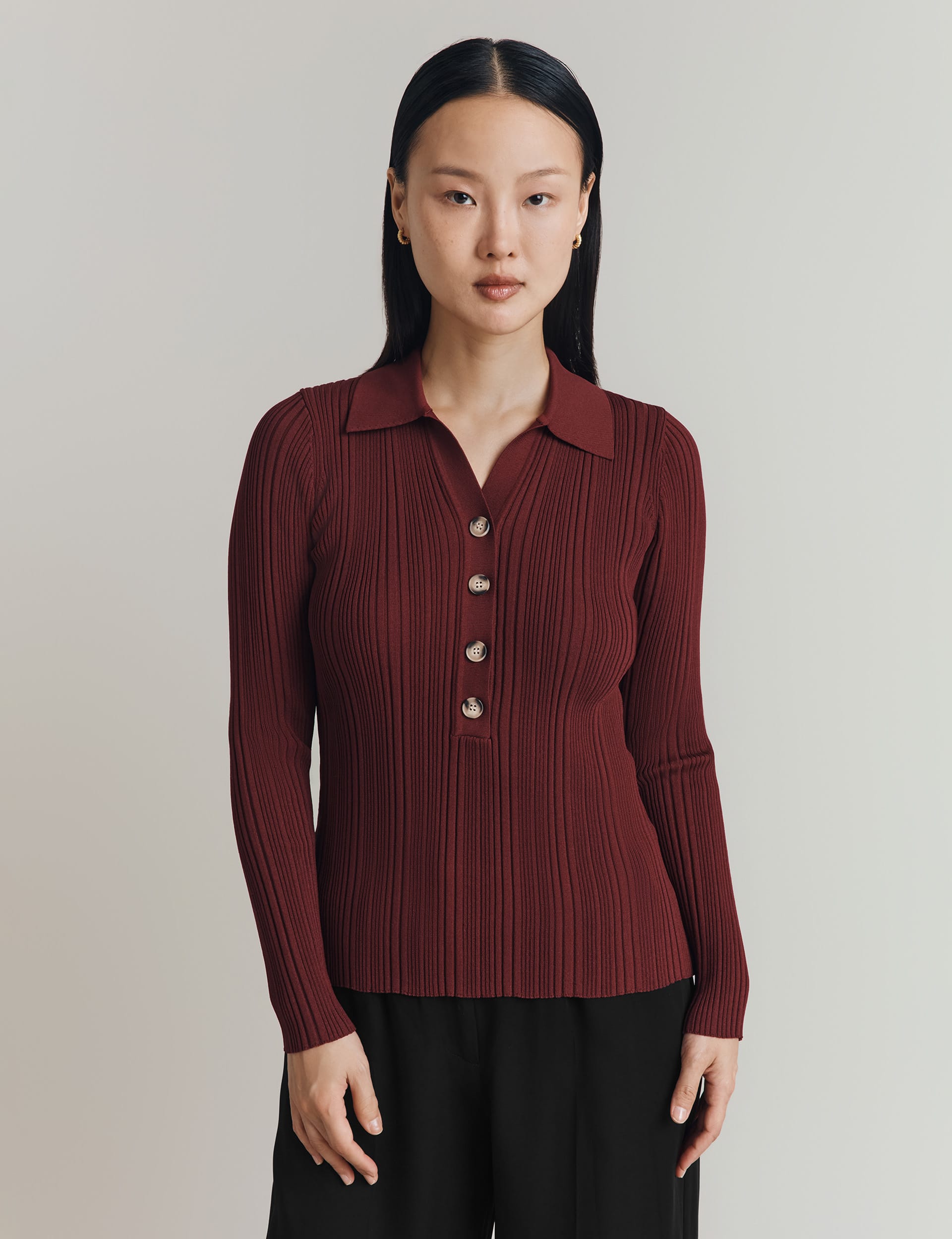 Ghost Women's Collared Ribbed Top - M - Burgundy, Natural,Burgundy,Black