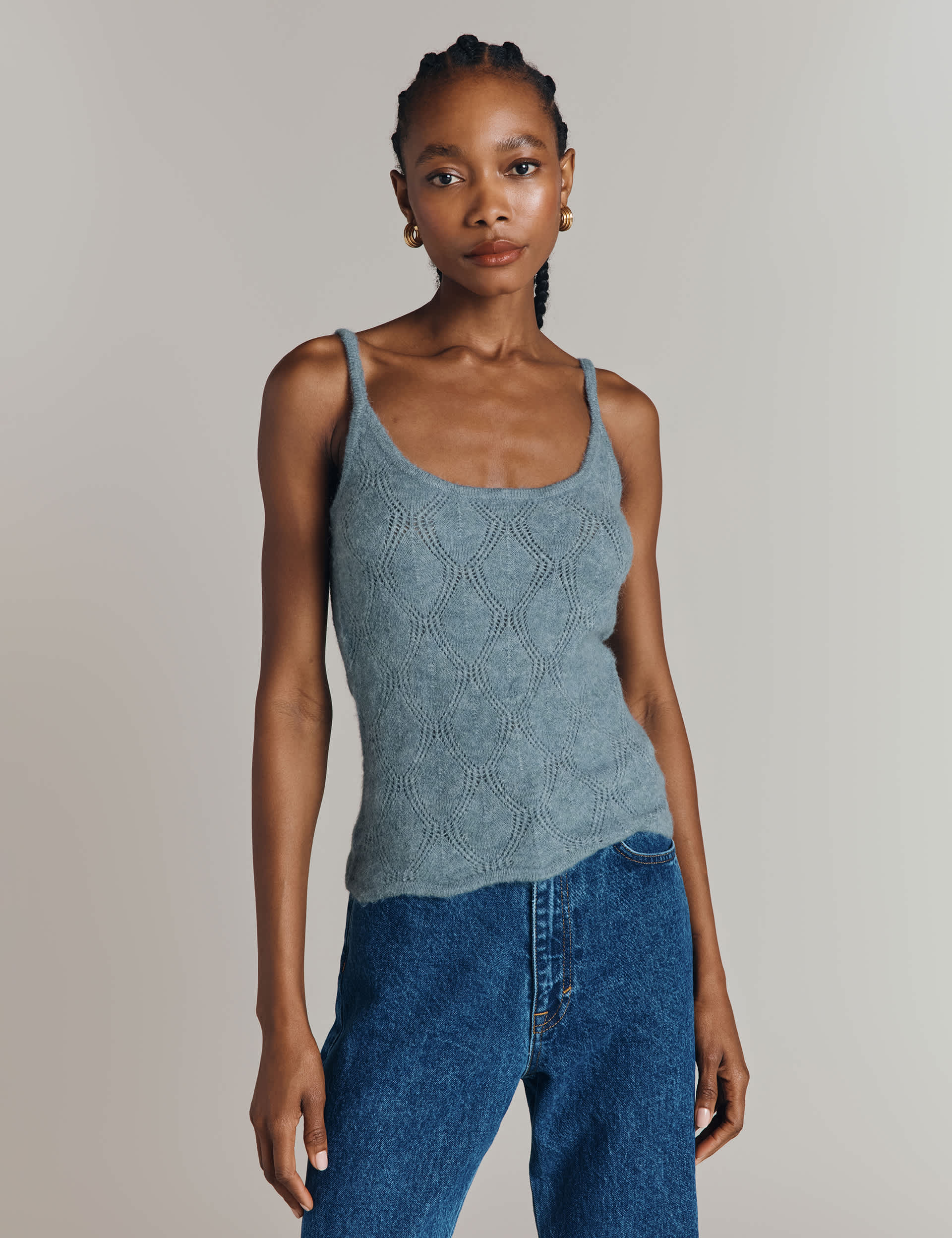 Ghost Women's Pointelle Scoop Neck Cami Top with Wool - Blue, Blue