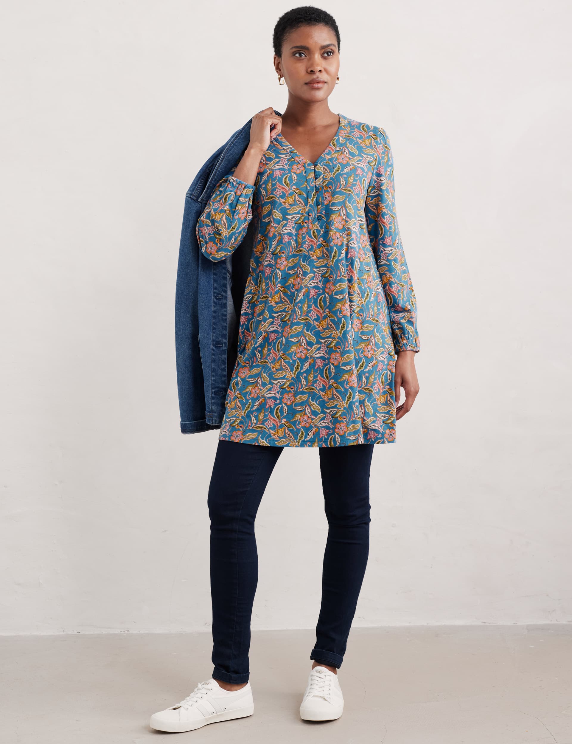 Seasalt Cornwall Women's Cotton Modal Blend Floral V-Neck Tunic - 12 - Blue Mix, Blue Mix