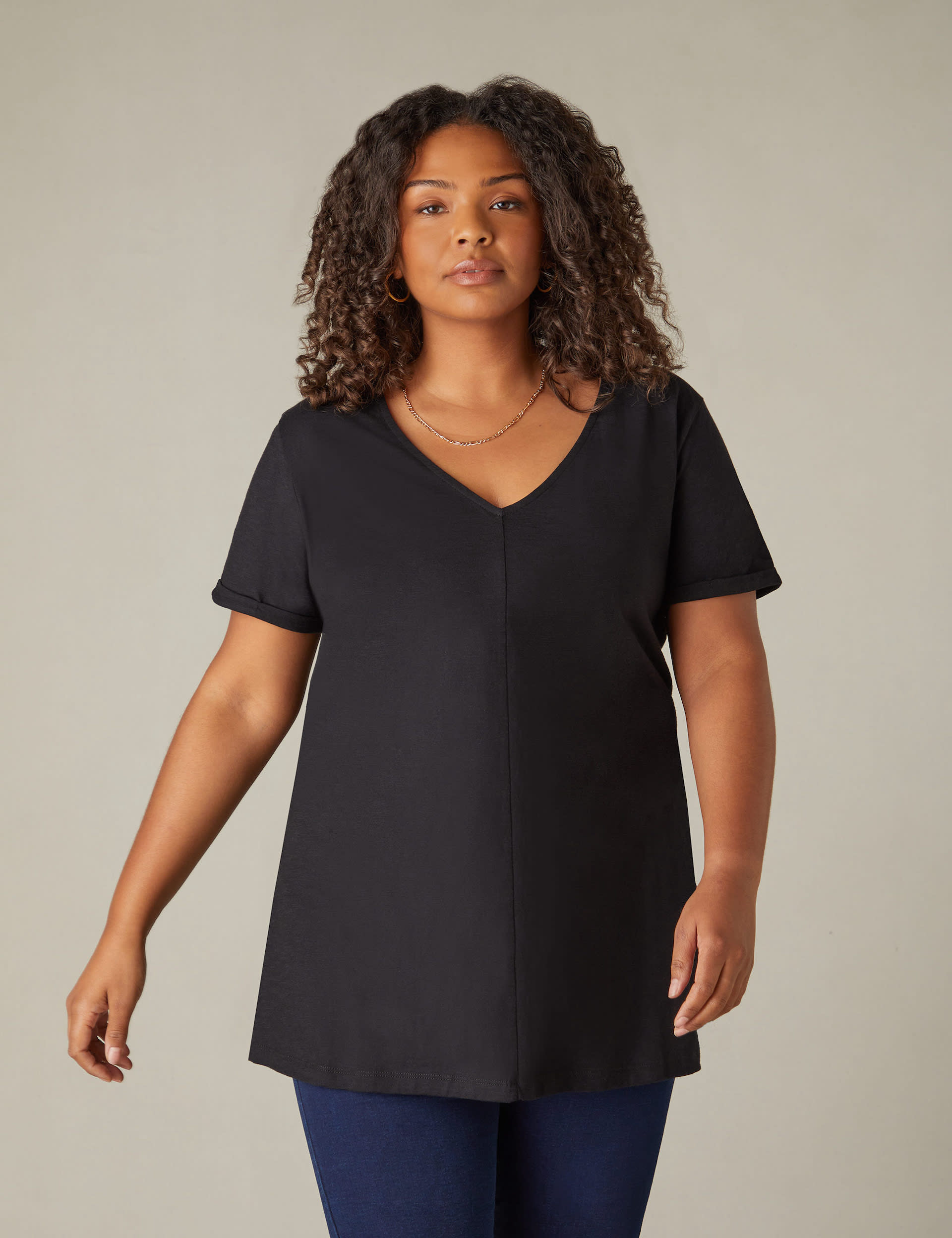 Live Unlimited London Women's Pure Cotton Long V-Neck Longline T-Shirt