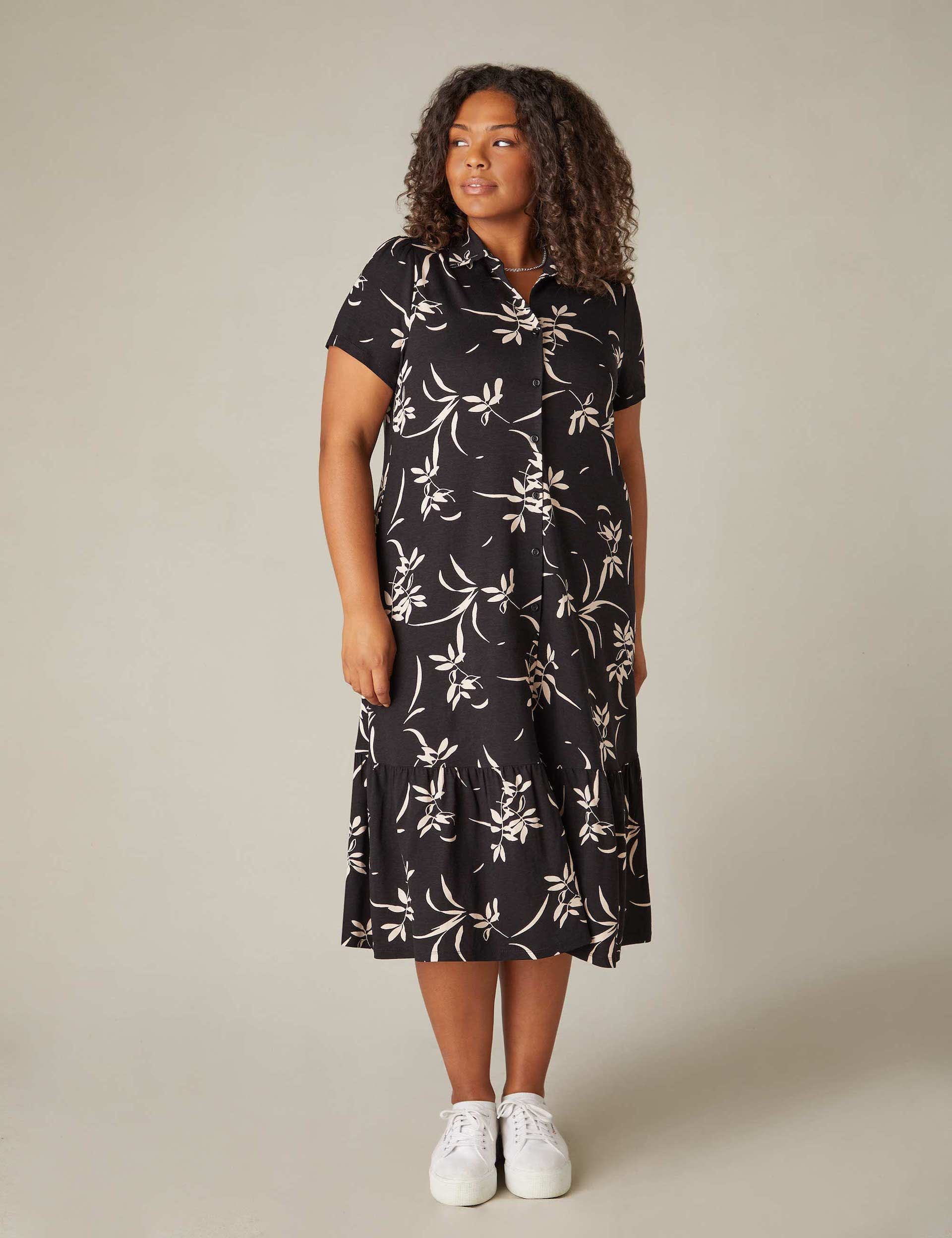 Live Unlimited London Women's Jersey Floral Midi Tiered Shirt Dress - 24 - Black Mix, Black Mix