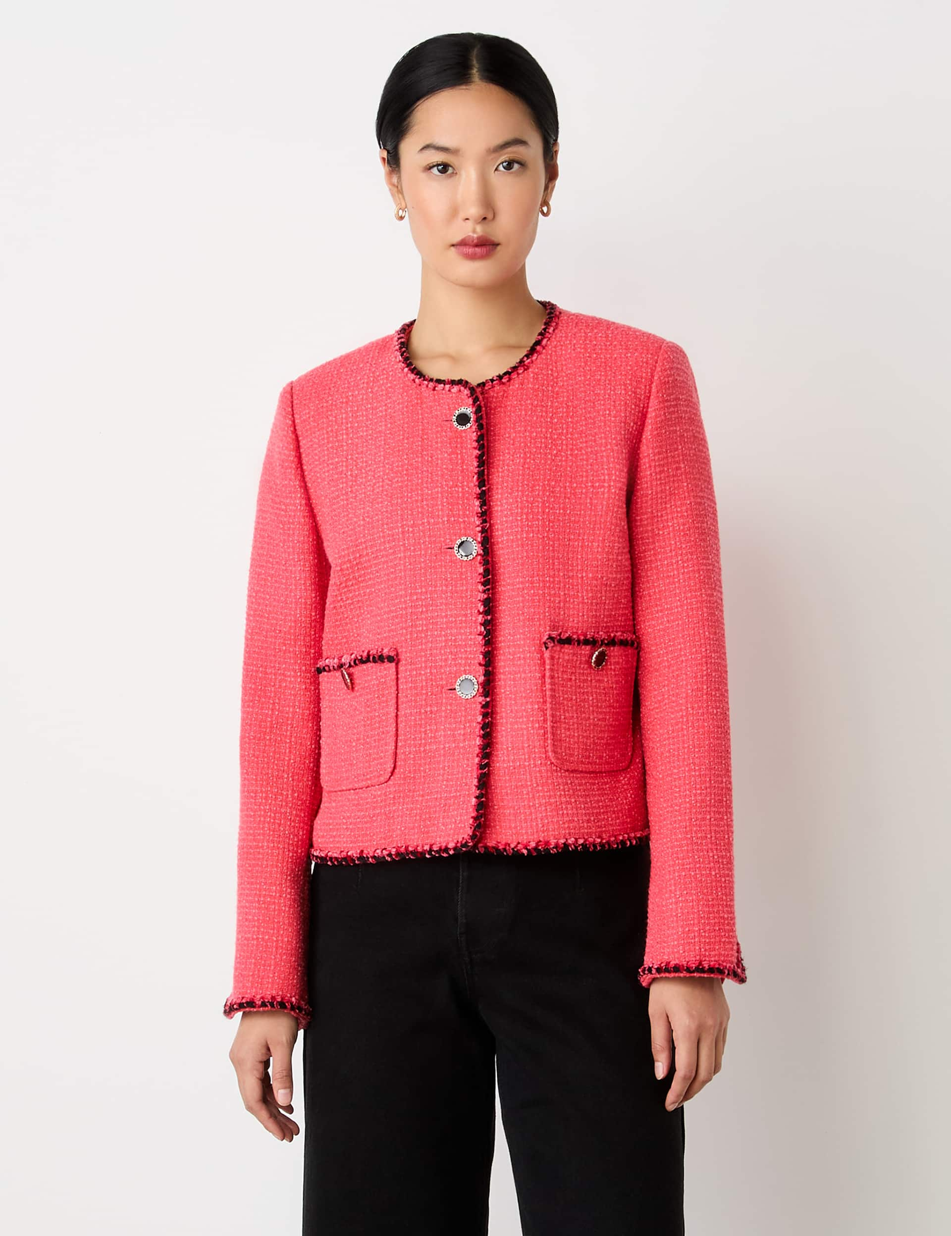 Finery London Women's Tweed Collarless Short Jacket - 12 - Pink, Pink,Ivory