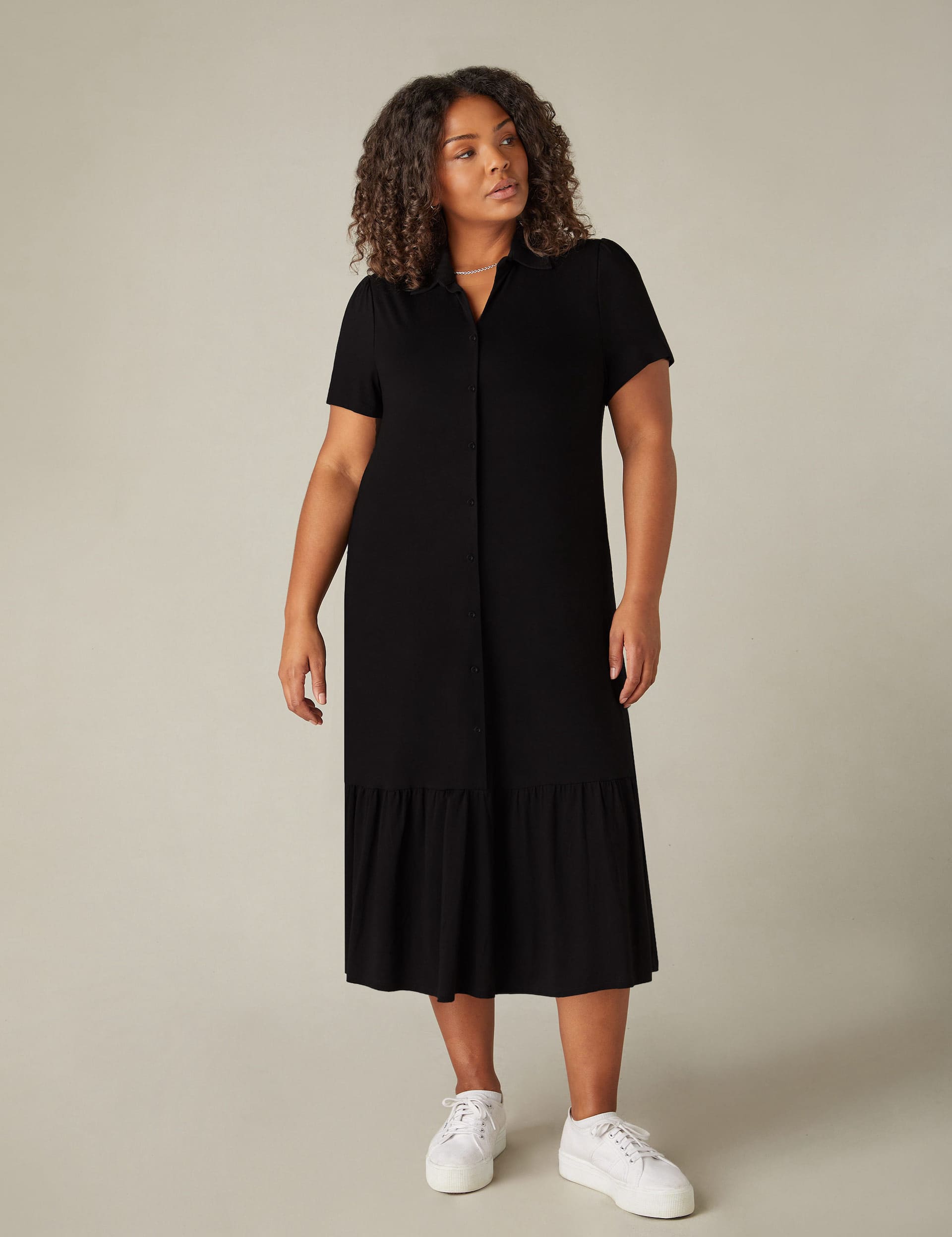 Live Unlimited London Women's Jersey Collared Midi Shirt Dress - 26REG - Black, Black