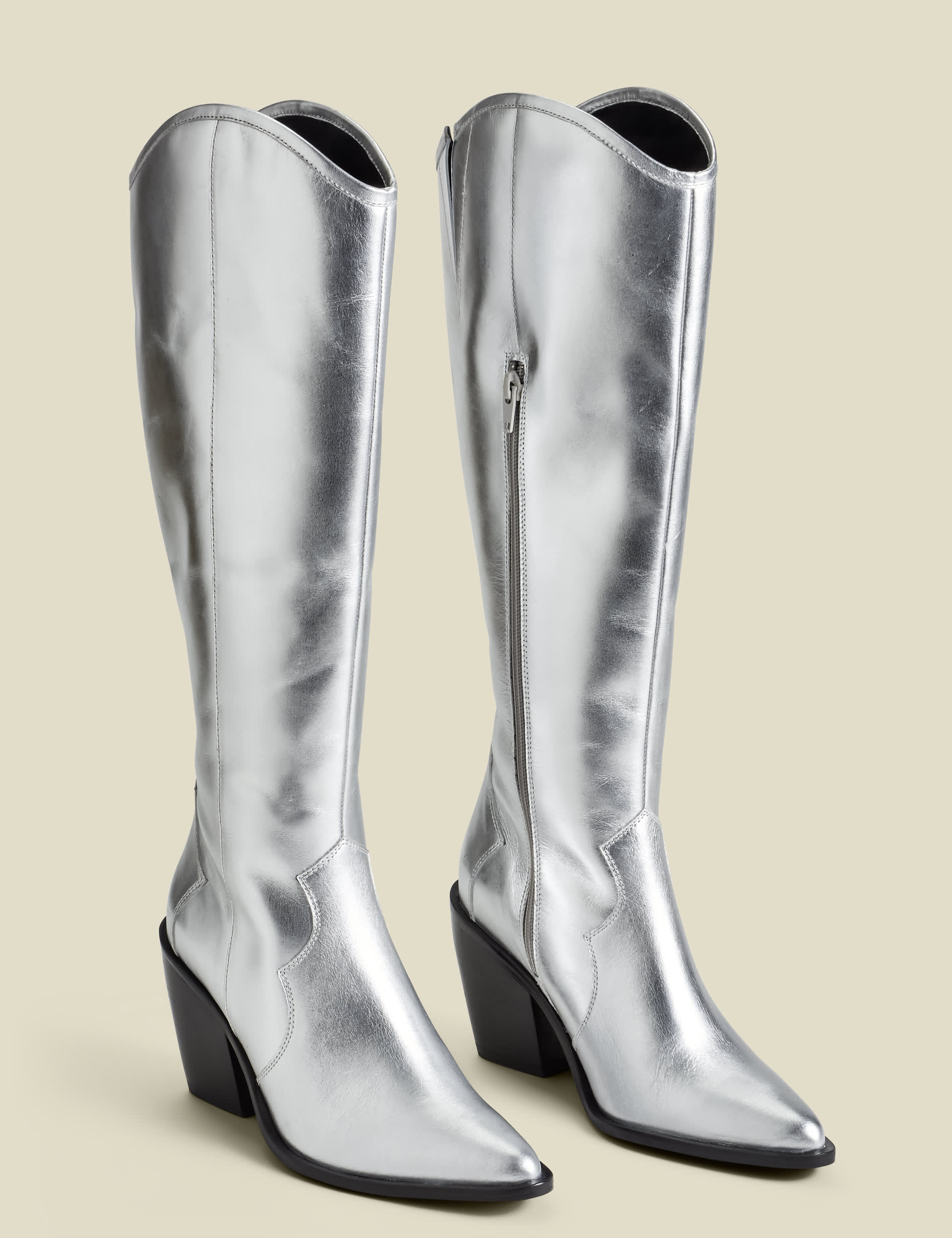 Sosandar Women's Leather Metallic Block Heel Knee High Boot - 5 - Silver, Silver