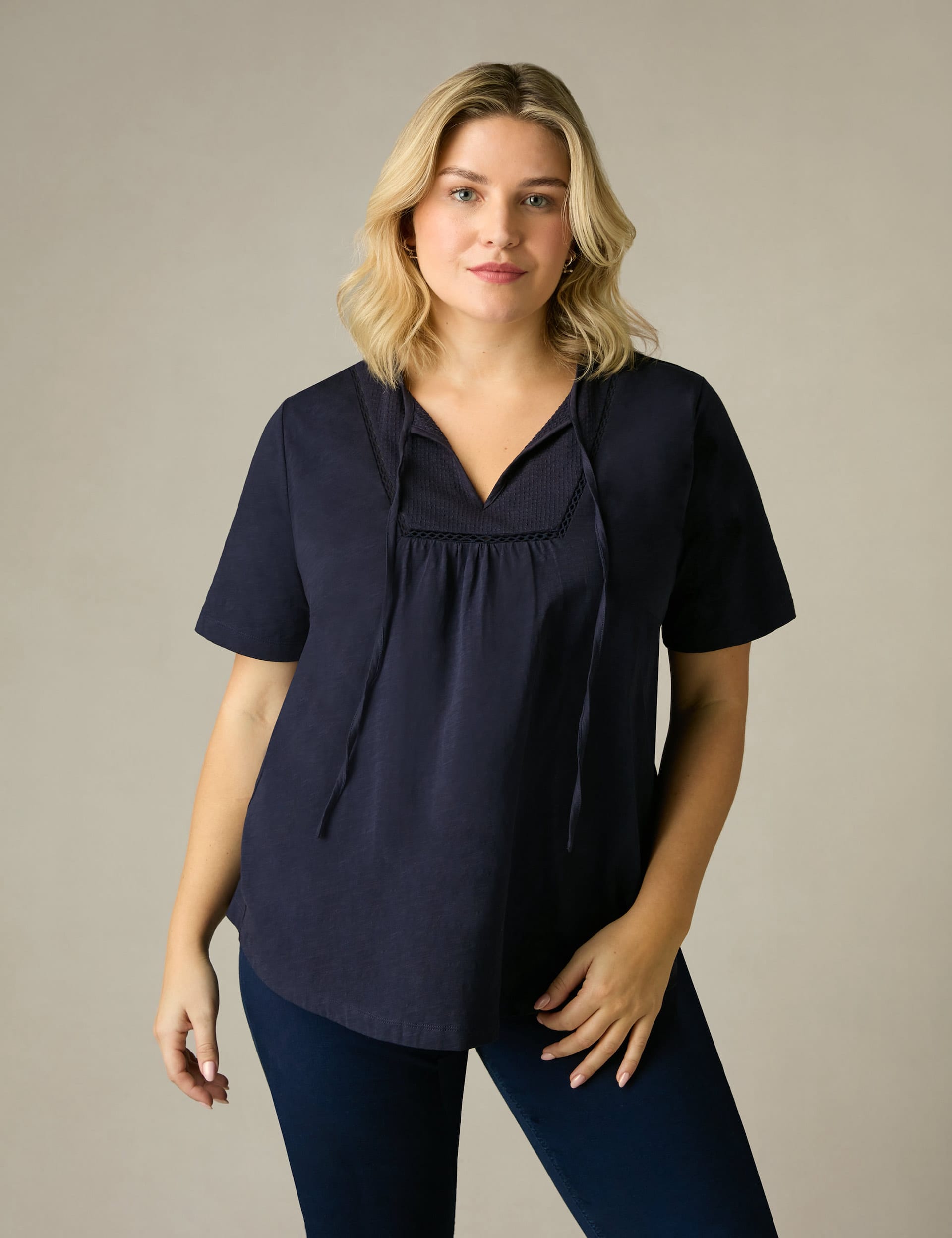 Live Unlimited London Women's Pure Cotton Lace Insert Tunic - 14 - Navy, Navy