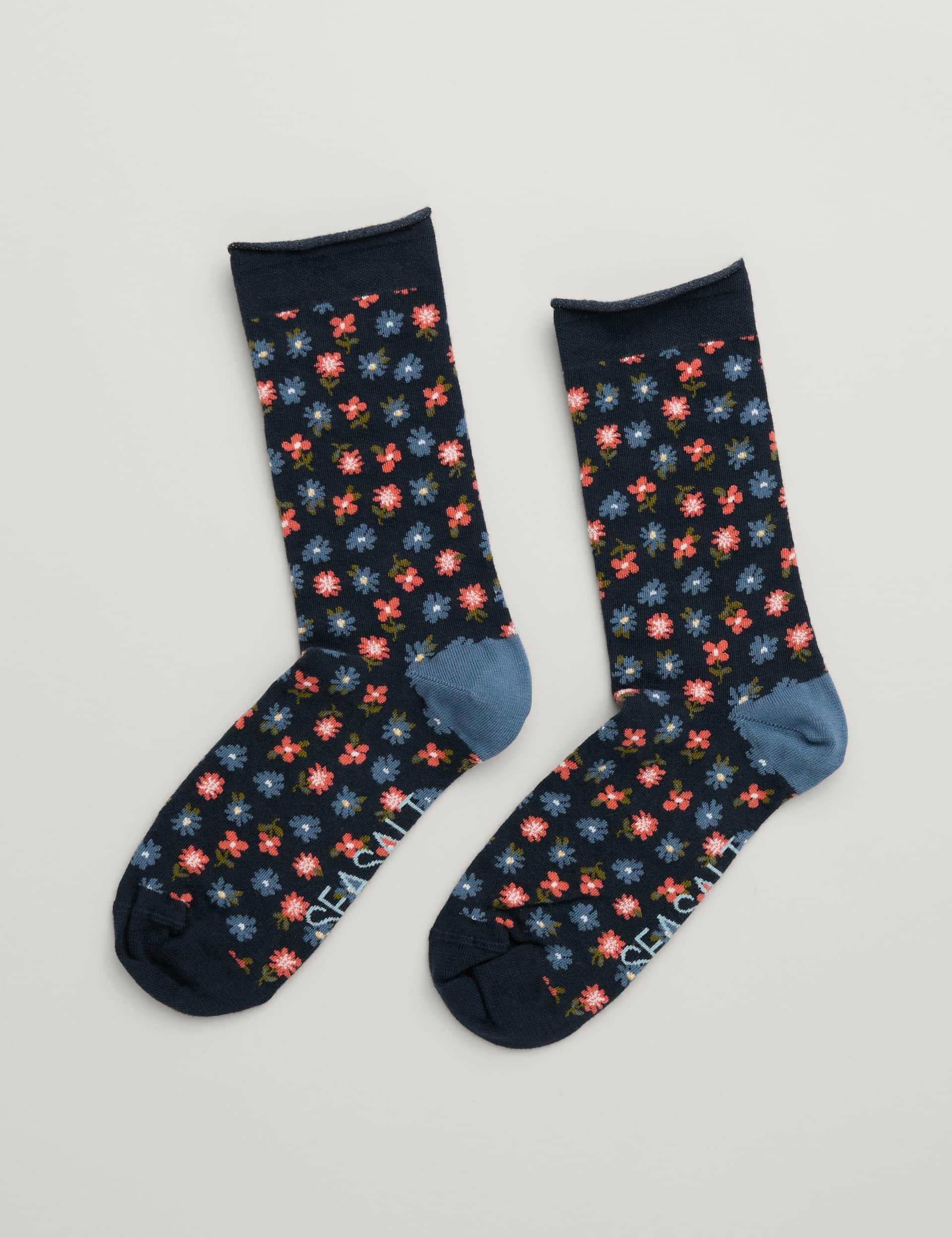 Seasalt Cornwall Women's Cotton Rich Floral Ankle High Socks - Blue Mix, Blue Mix