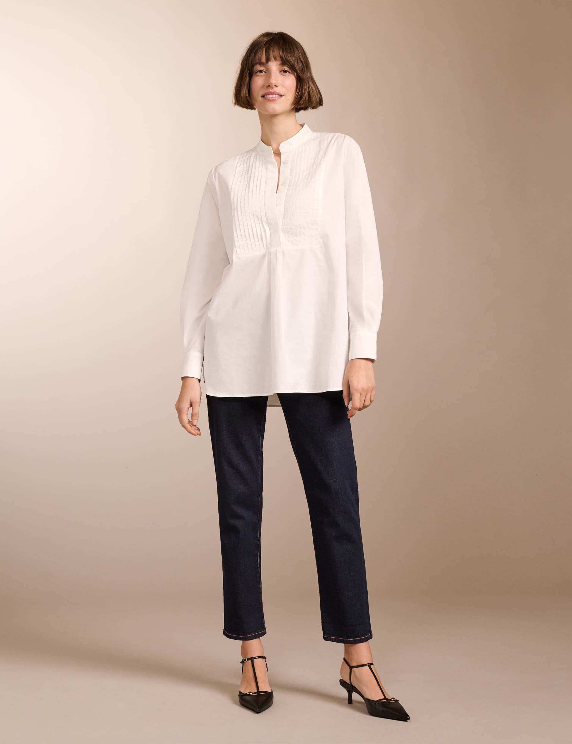 Baukjen Women's Pure Cotton Round Neck Pintuck Shirt