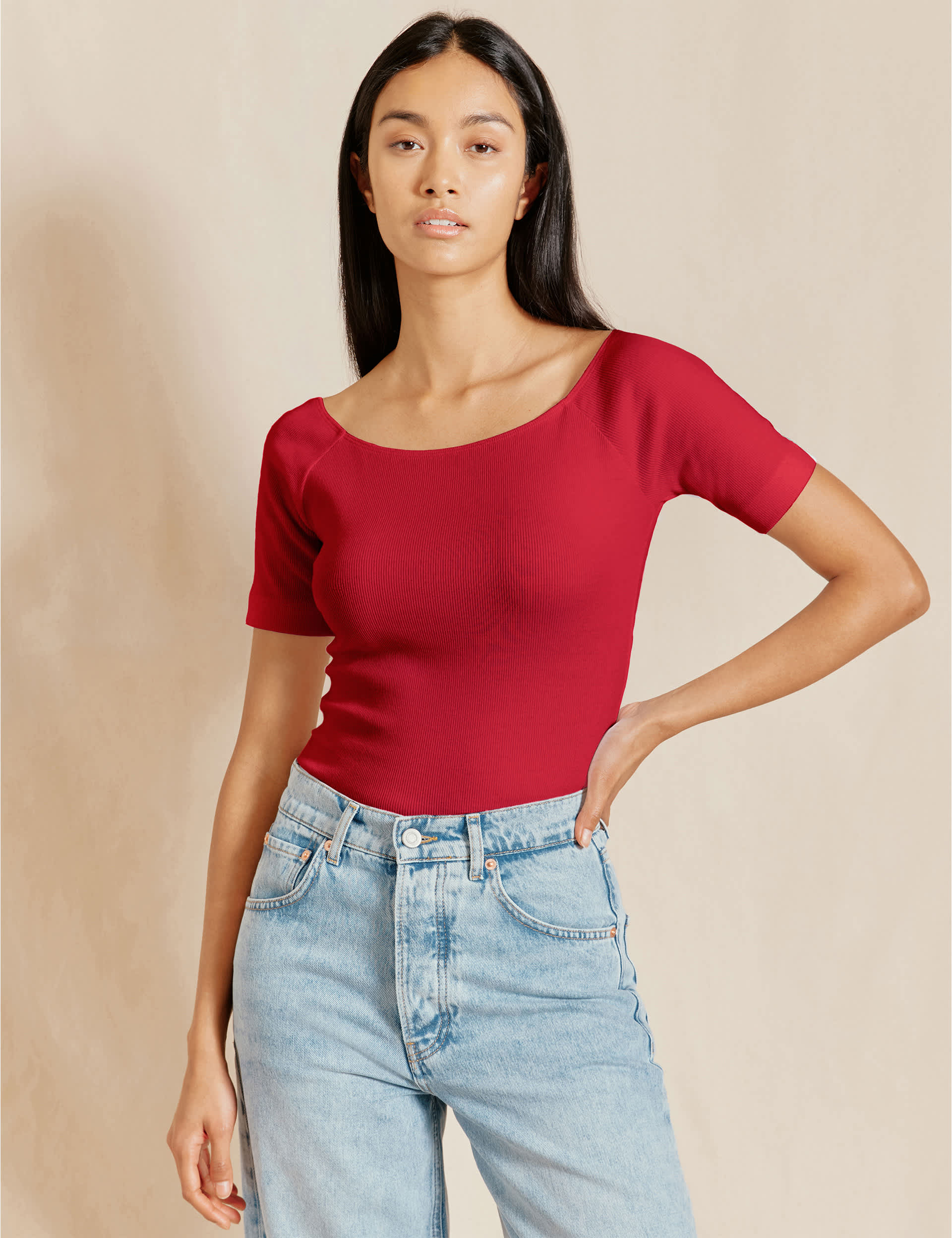 Albaray Women's Cotton Rich Ribbed Slash Neck Top - 12 - Red, Red