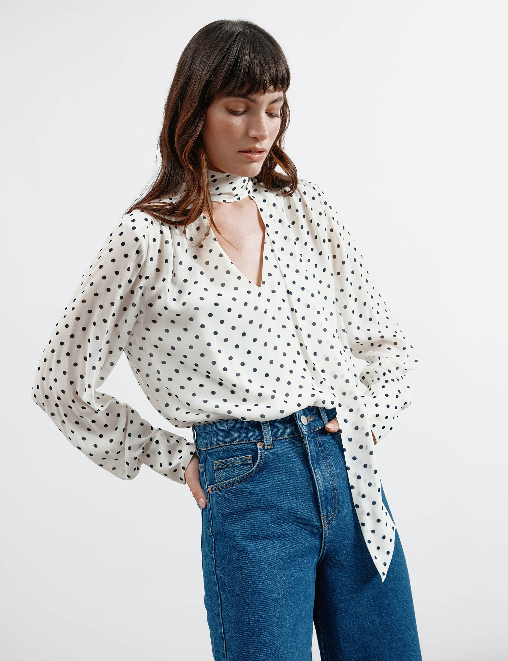 Albaray Women's Polka Dot Tie Neck Blouse - 12 - Cream Mix, Cream Mix