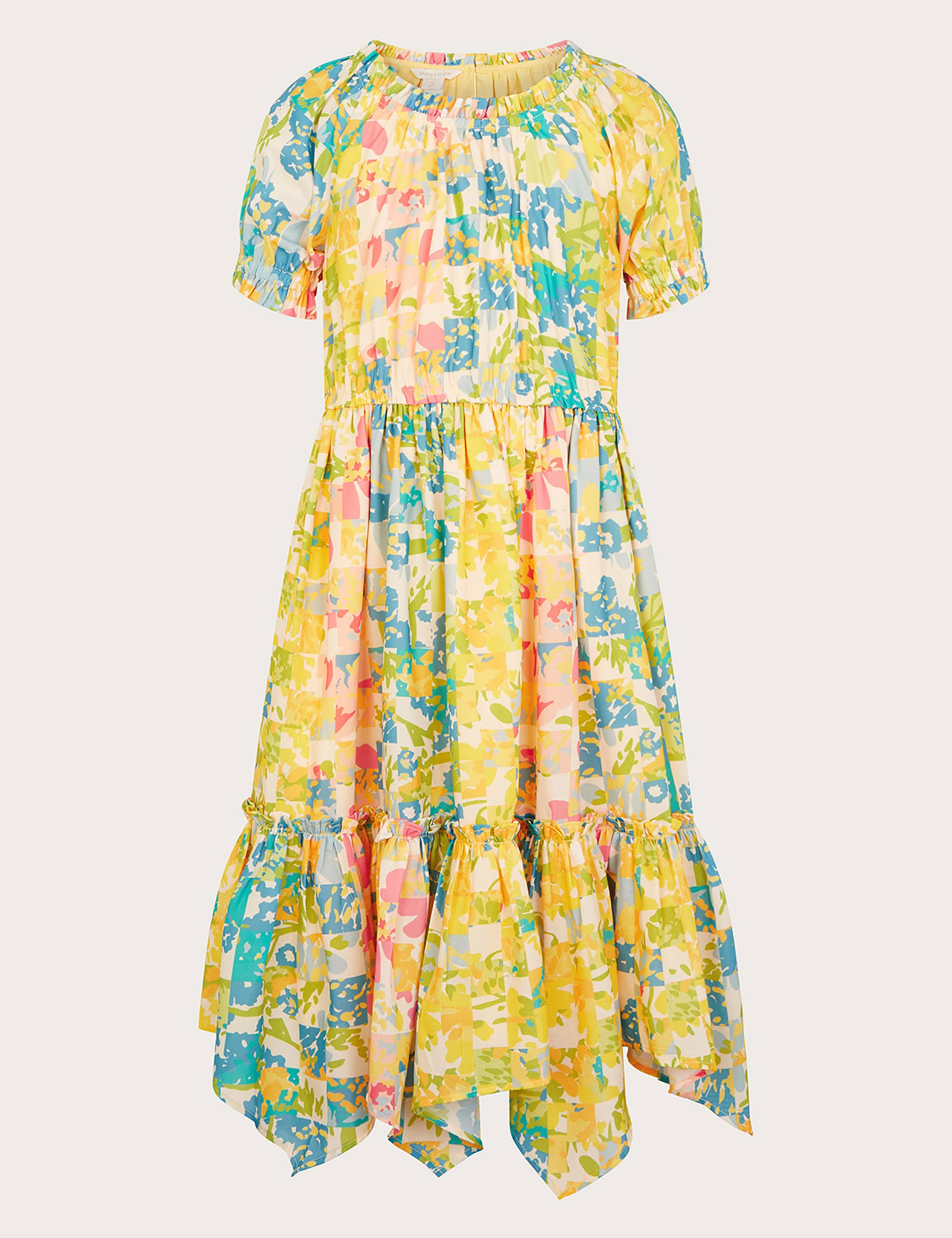 Monsoon Girls Patchwork Floral Print Tiered Dress (3-13 Yrs) - 7y - Yellow Mix, Yellow Mix