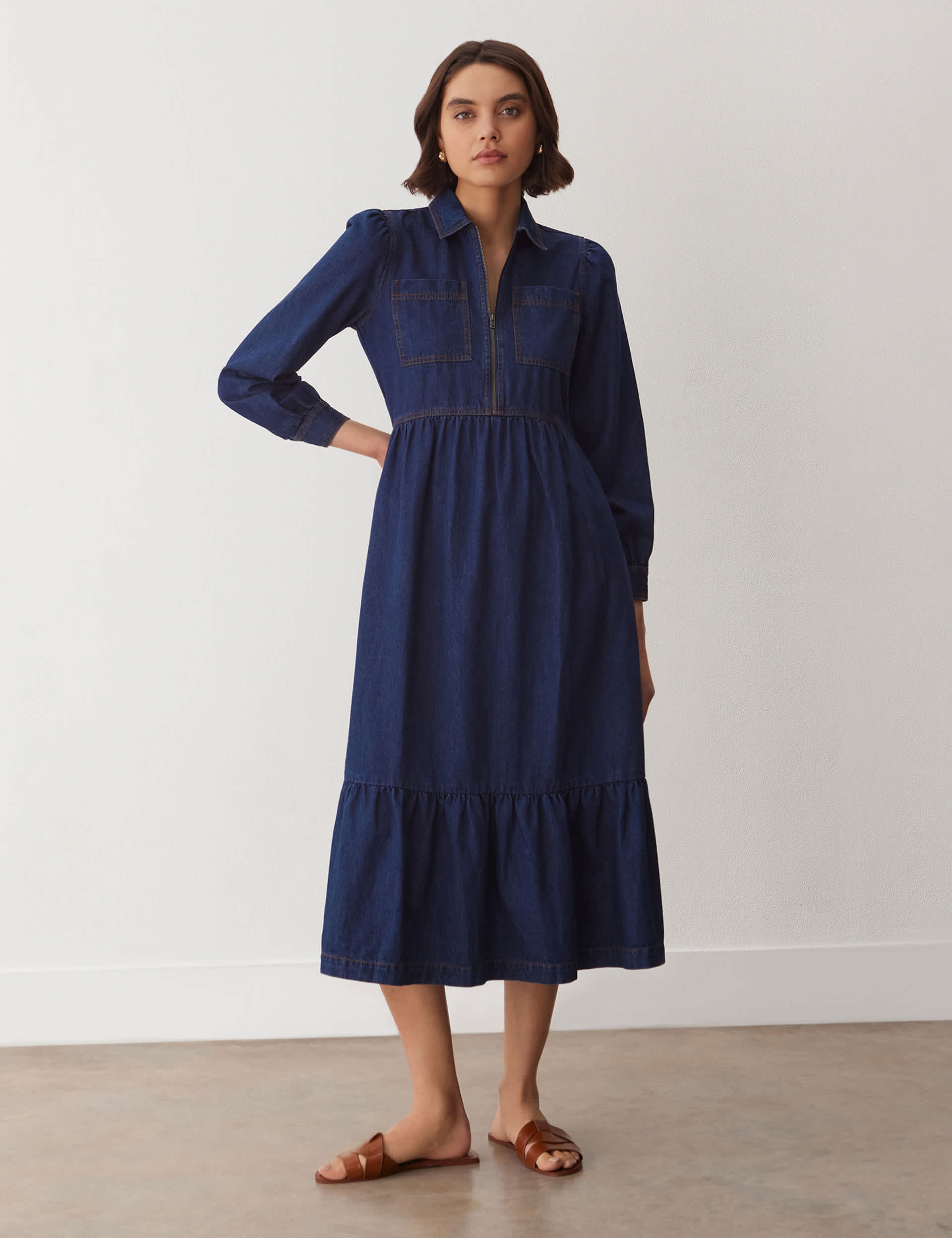 Finery London Women's Denim Collared Midi Tiered Shirt Dress - 18 - Blue Denim, Black,Blue Denim