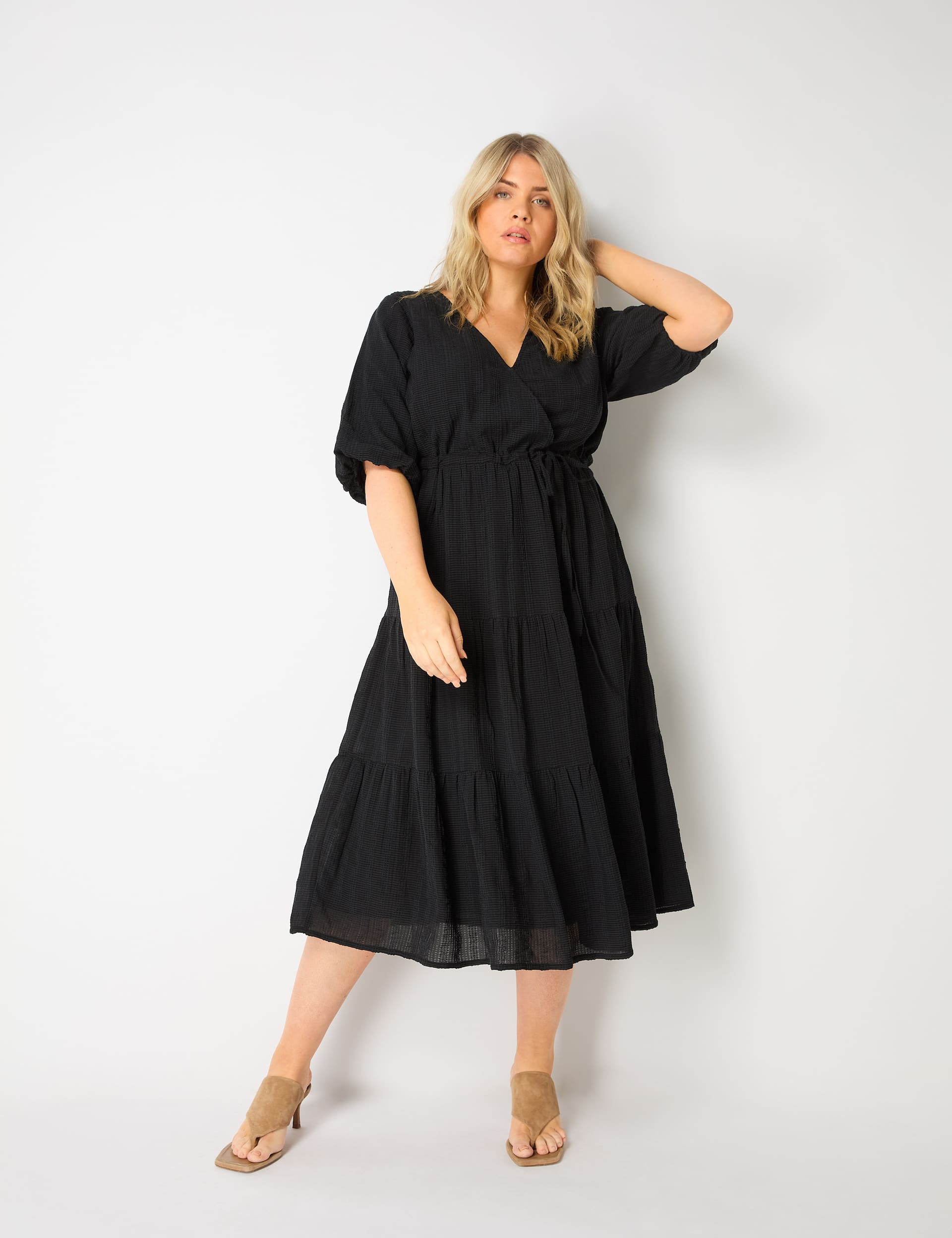 Live Unlimited London Women's Cotton Rich Textured Midi Tiered Dress