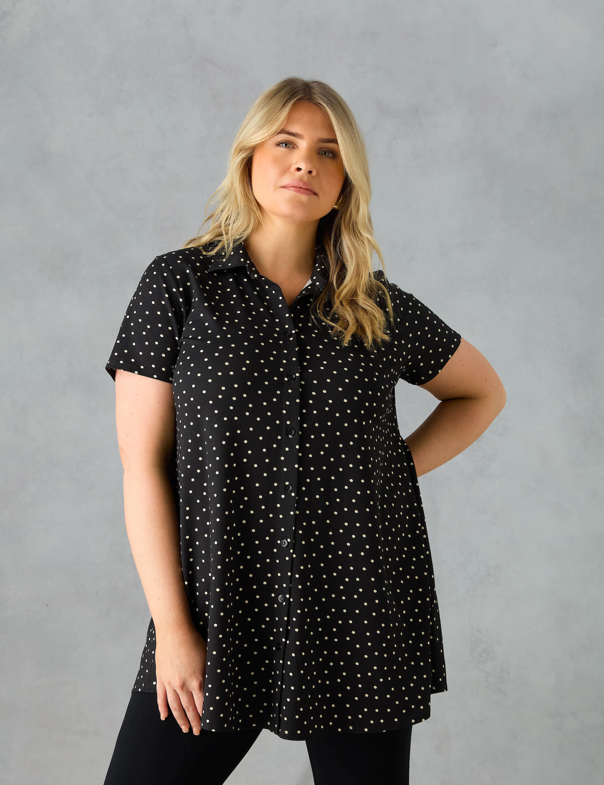 Live Unlimited London Women's Jersey Polka Dot Collared Relaxed Shirt - 22 - Black Mix, Black Mix