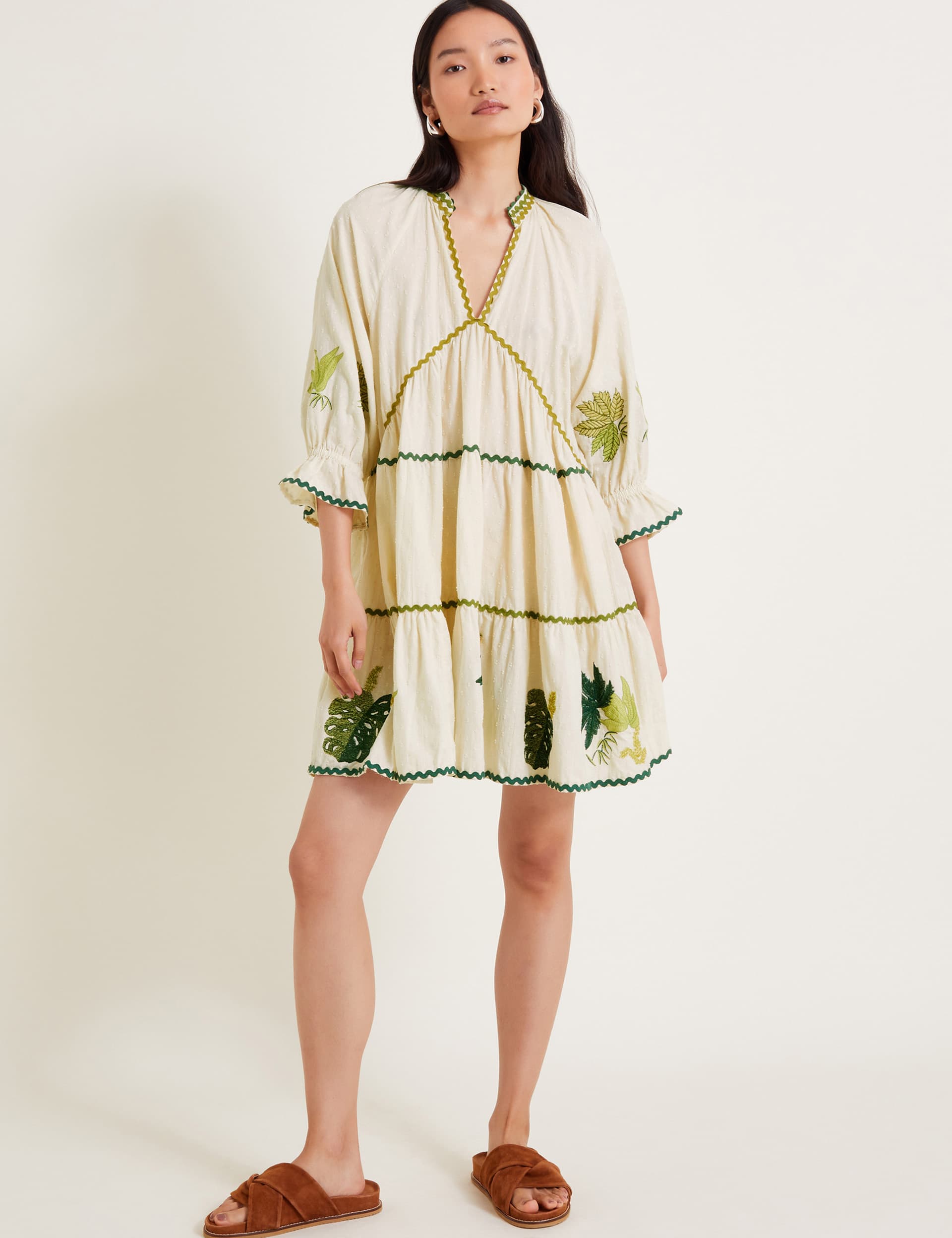 Monsoon Women's Pure Cotton Embroidered Skater Tiered Dress