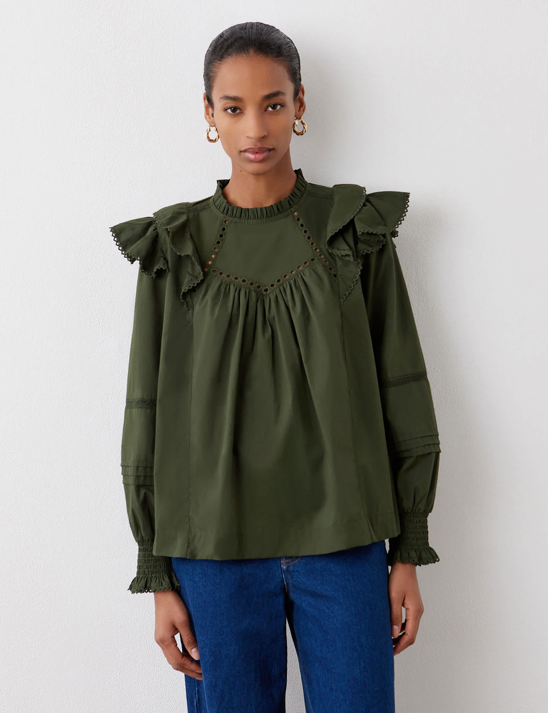 Finery London Women's Pure Cotton Frill Neck Ruffle Blouse - 16 - Green, Green,White,Black,Burgundy