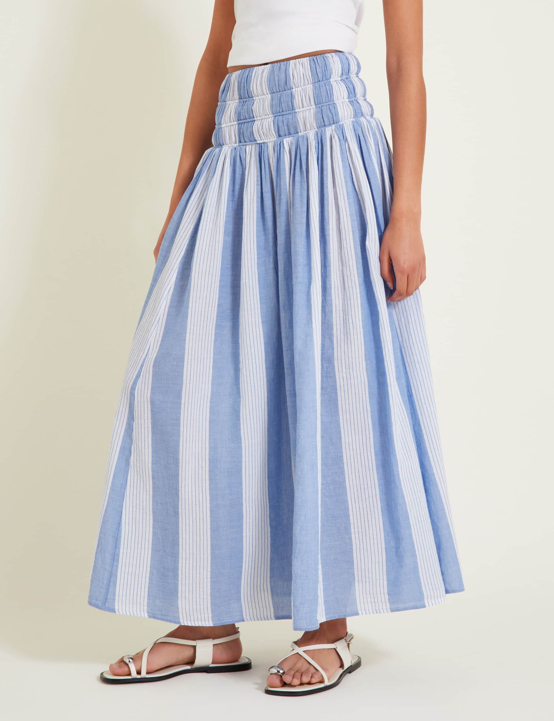 Monsoon Women's Pure Cotton Striped Maxi A-Line Skirt - Blue Mix, Blue Mix