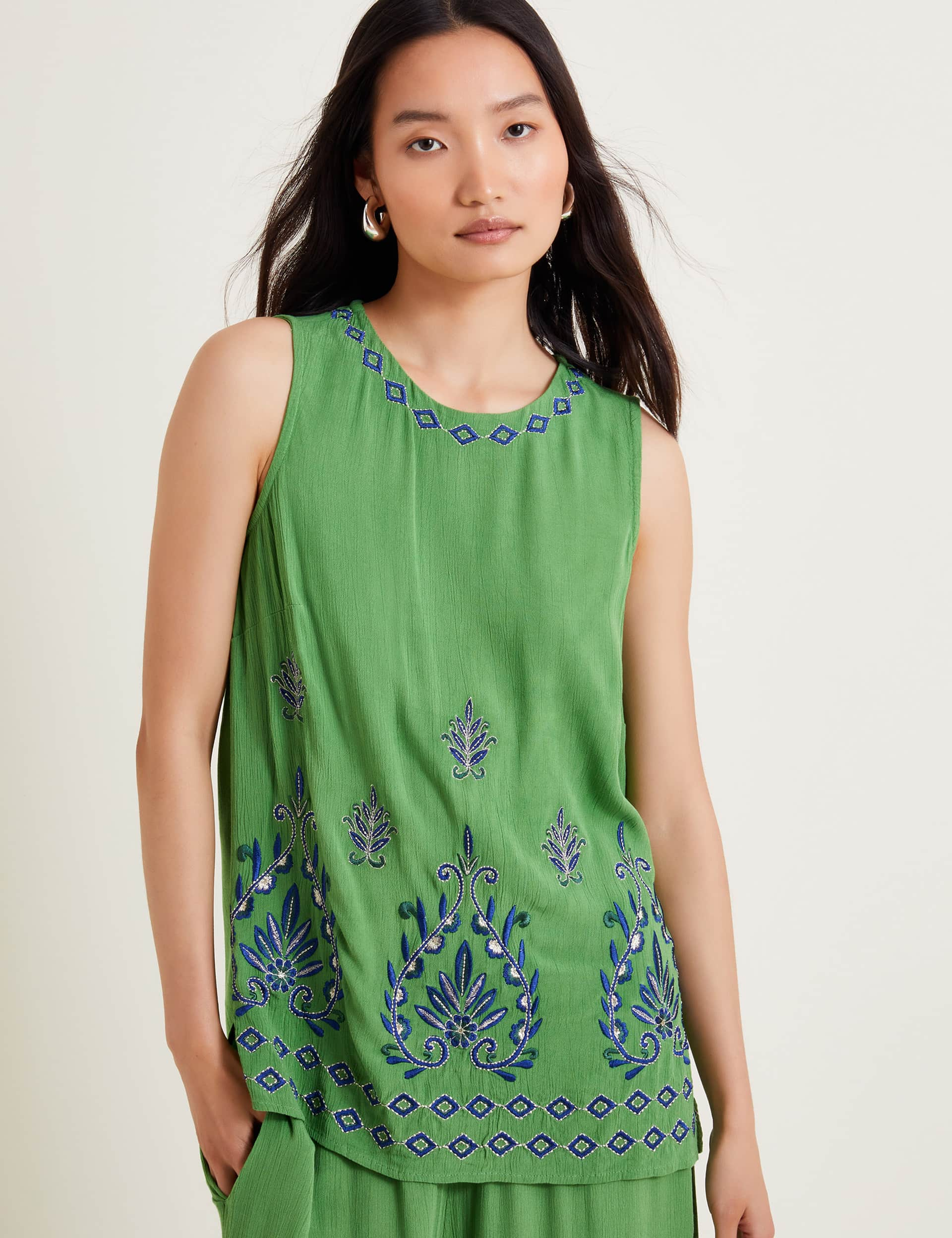 Monsoon Women's Embroidered Crew Neck Blouse - Green Mix, Green Mix