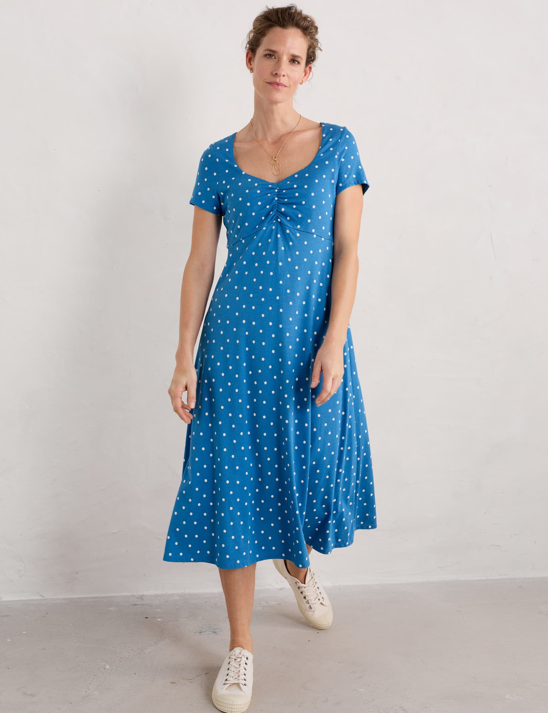 Seasalt Cornwall Women's Cotton Rich Polka Dot Midi Waisted Dress - 10 - Blue Mix, Blue Mix