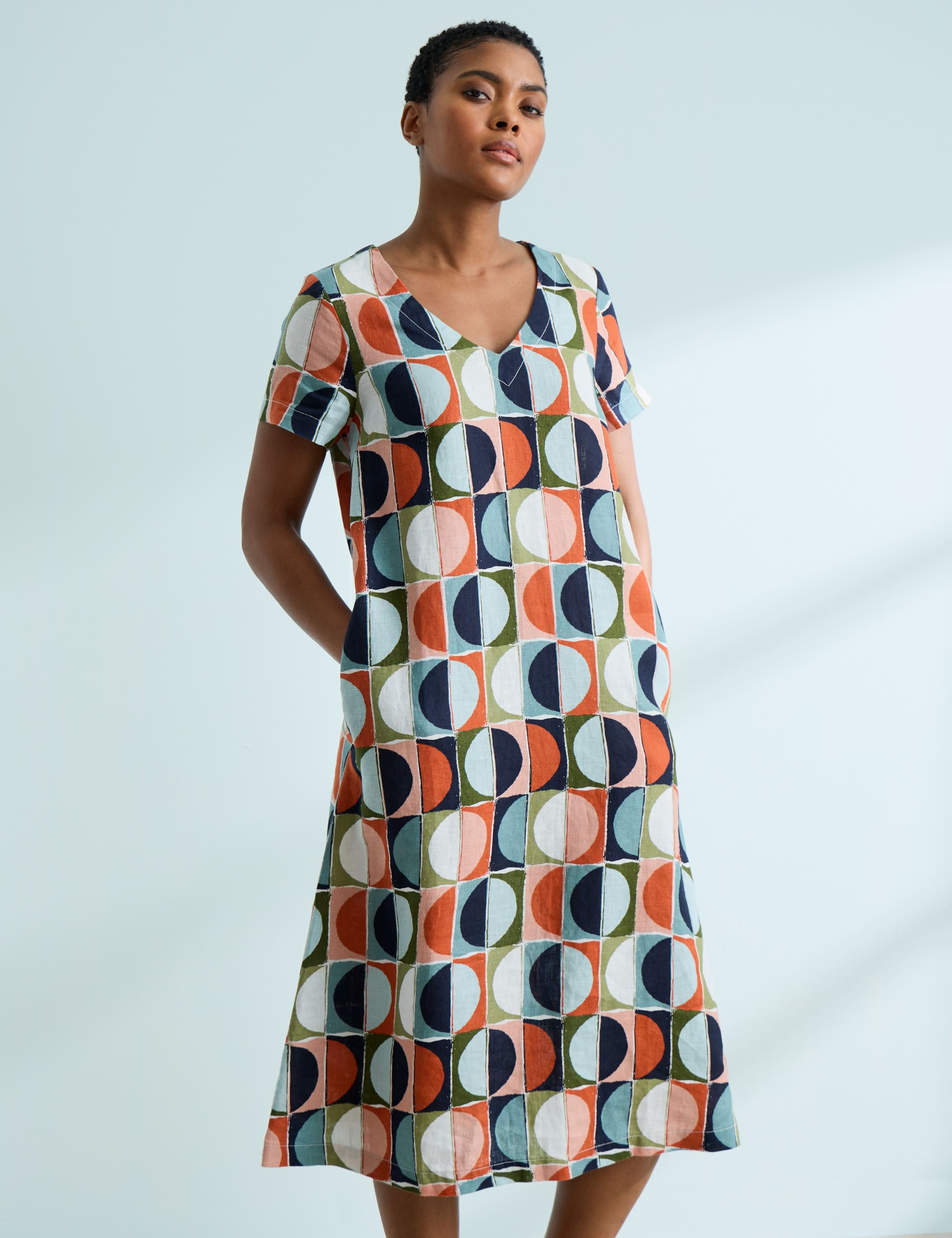 Seasalt Cornwall Women's Pure Linen Geometric V-Neck Midi Shift Dress