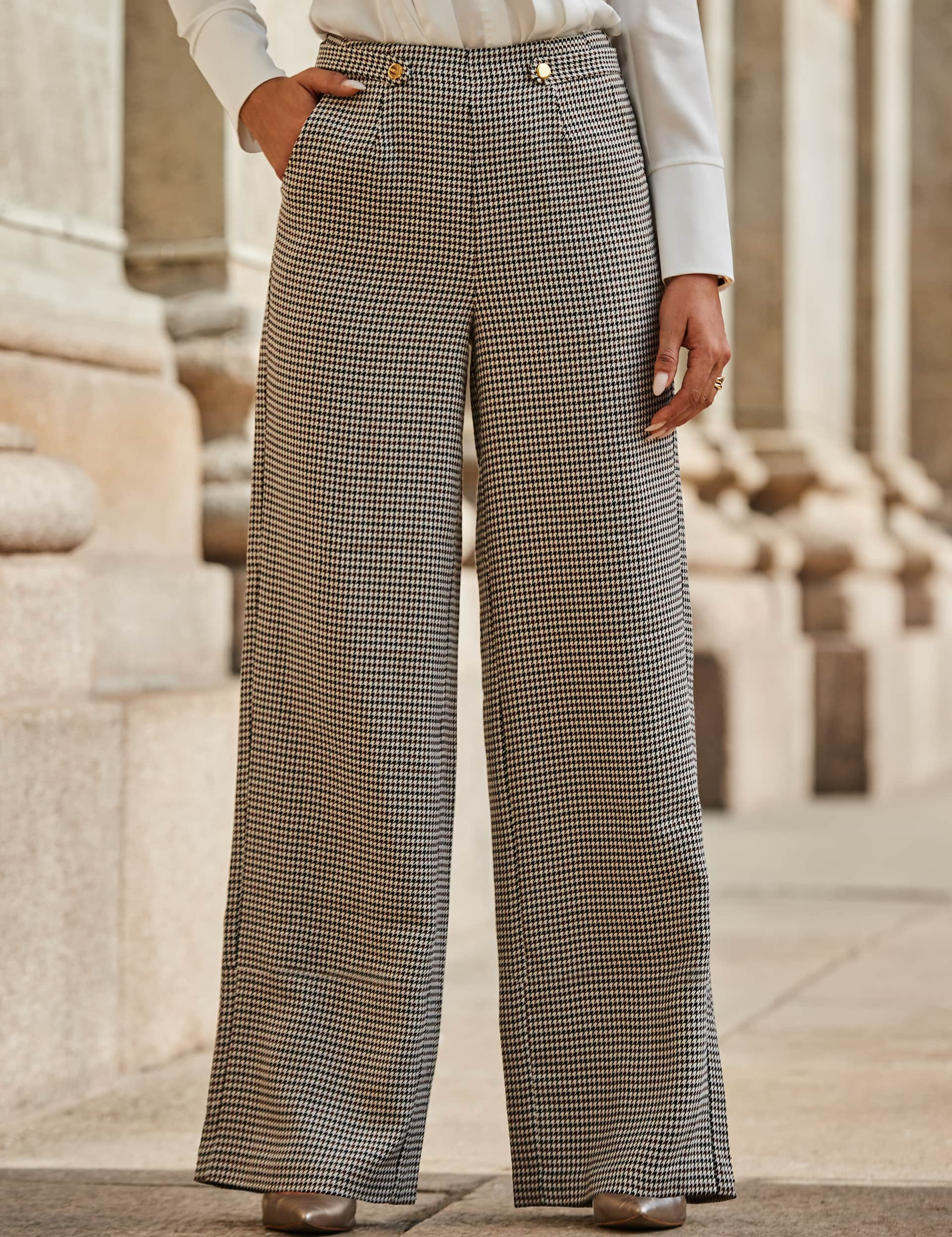 Sosandar Women's Checked Button Detail Wide Leg Trousers - 14REG - Brown Mix, Brown Mix