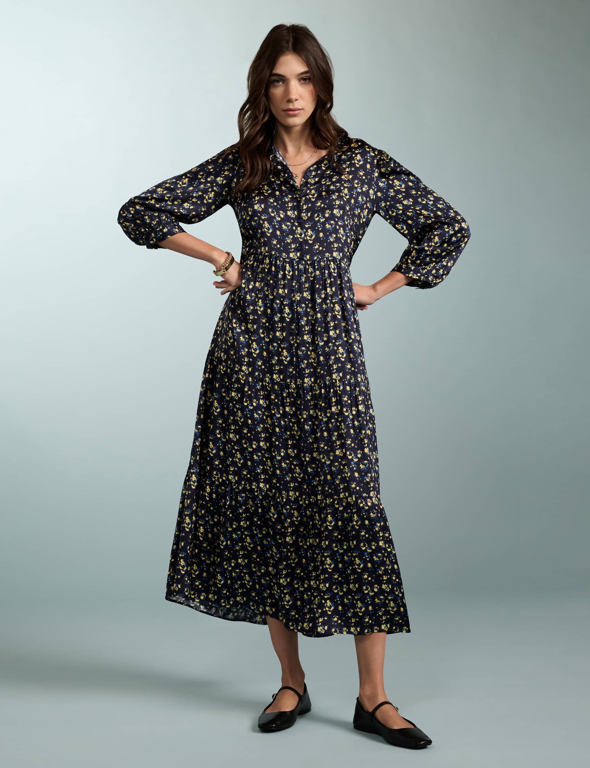 Baukjen Women's Printed Blouson Sleeve Midaxi Tiered Dress
