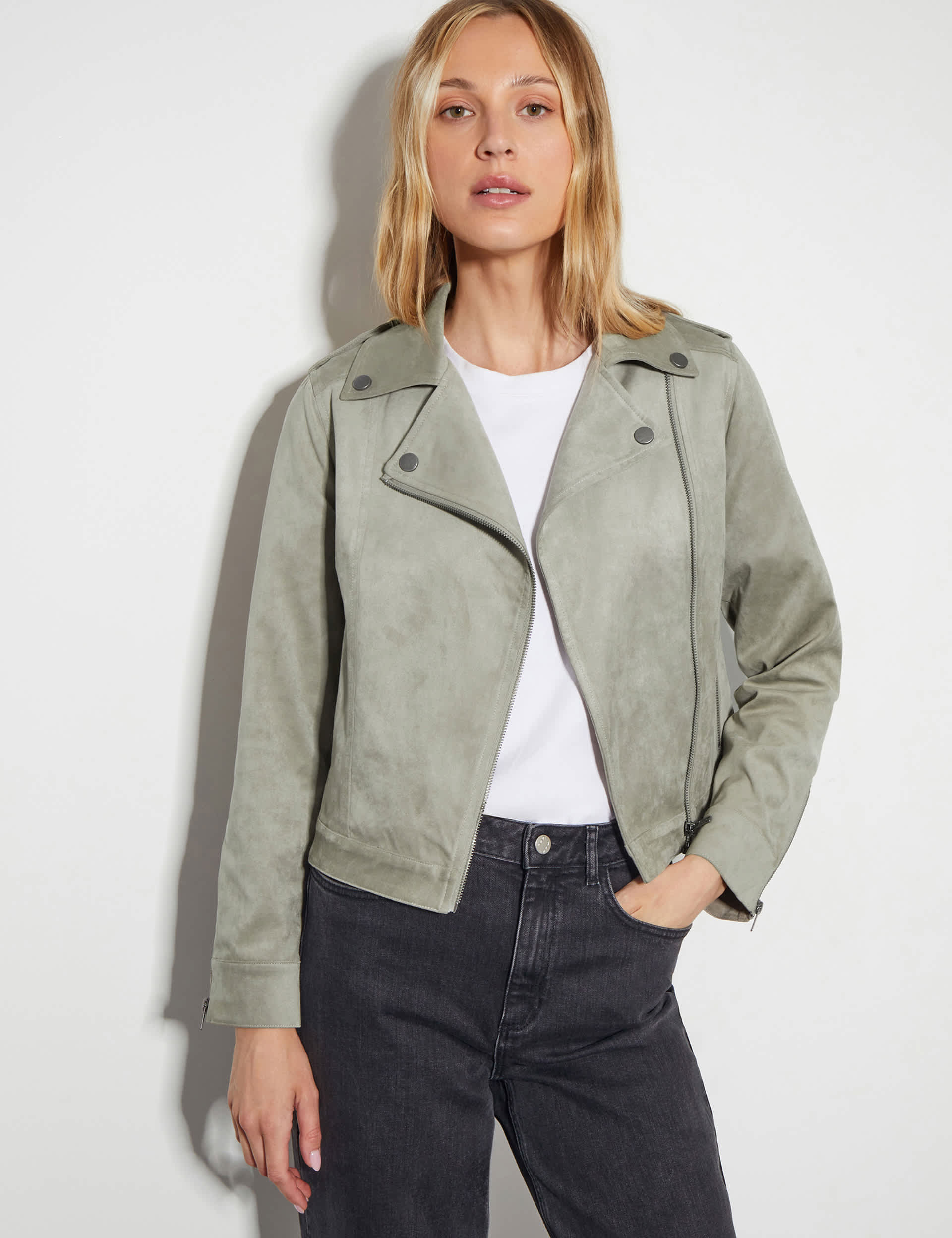 Monsoon Women's Faux Suede Biker Jacket - 16 - Light Grey, Light Grey