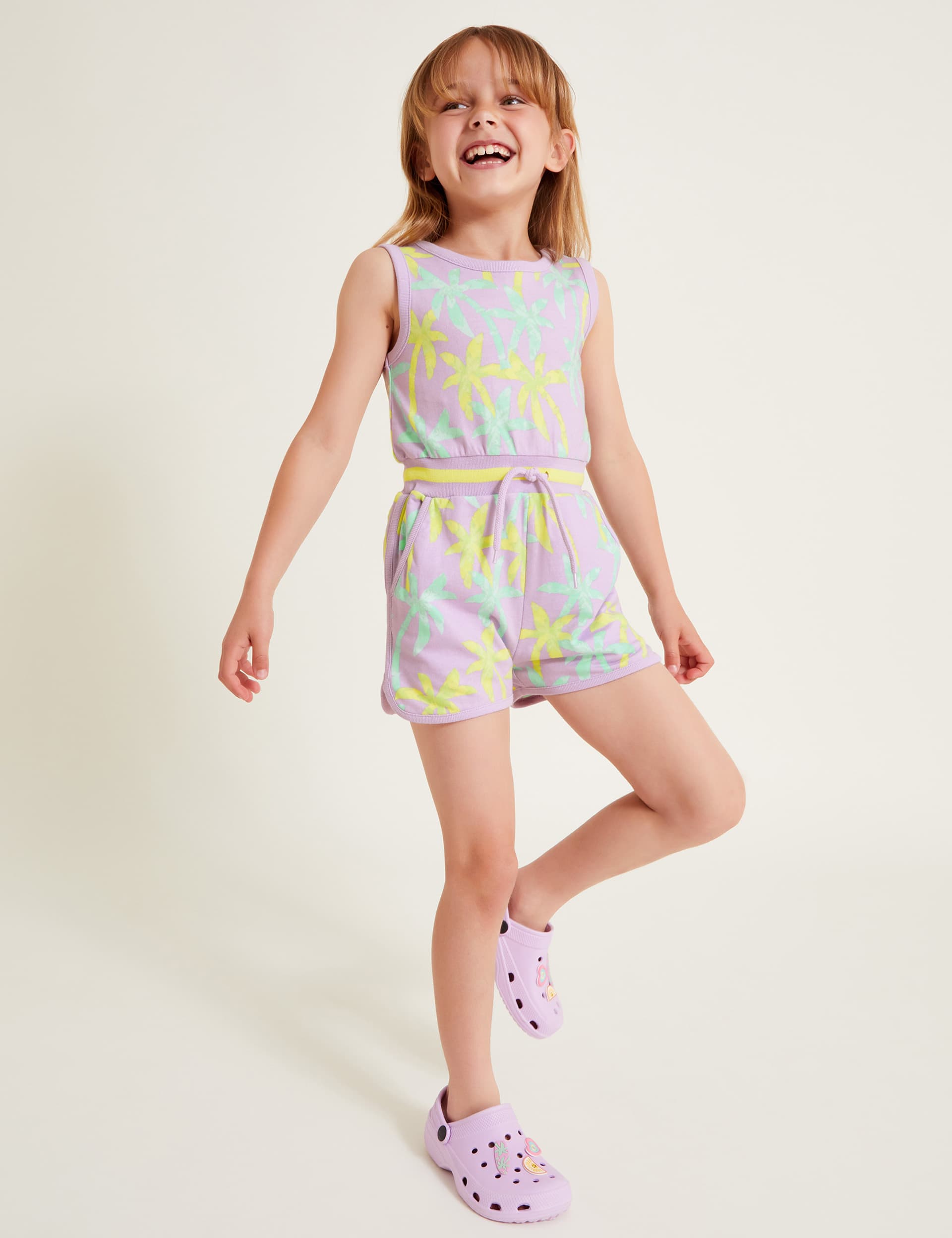 Monsoon Girls Pure Cotton Palm Print Playsuit (3-13 Yrs) - 9-10Y - Purple Mix, Purple Mix