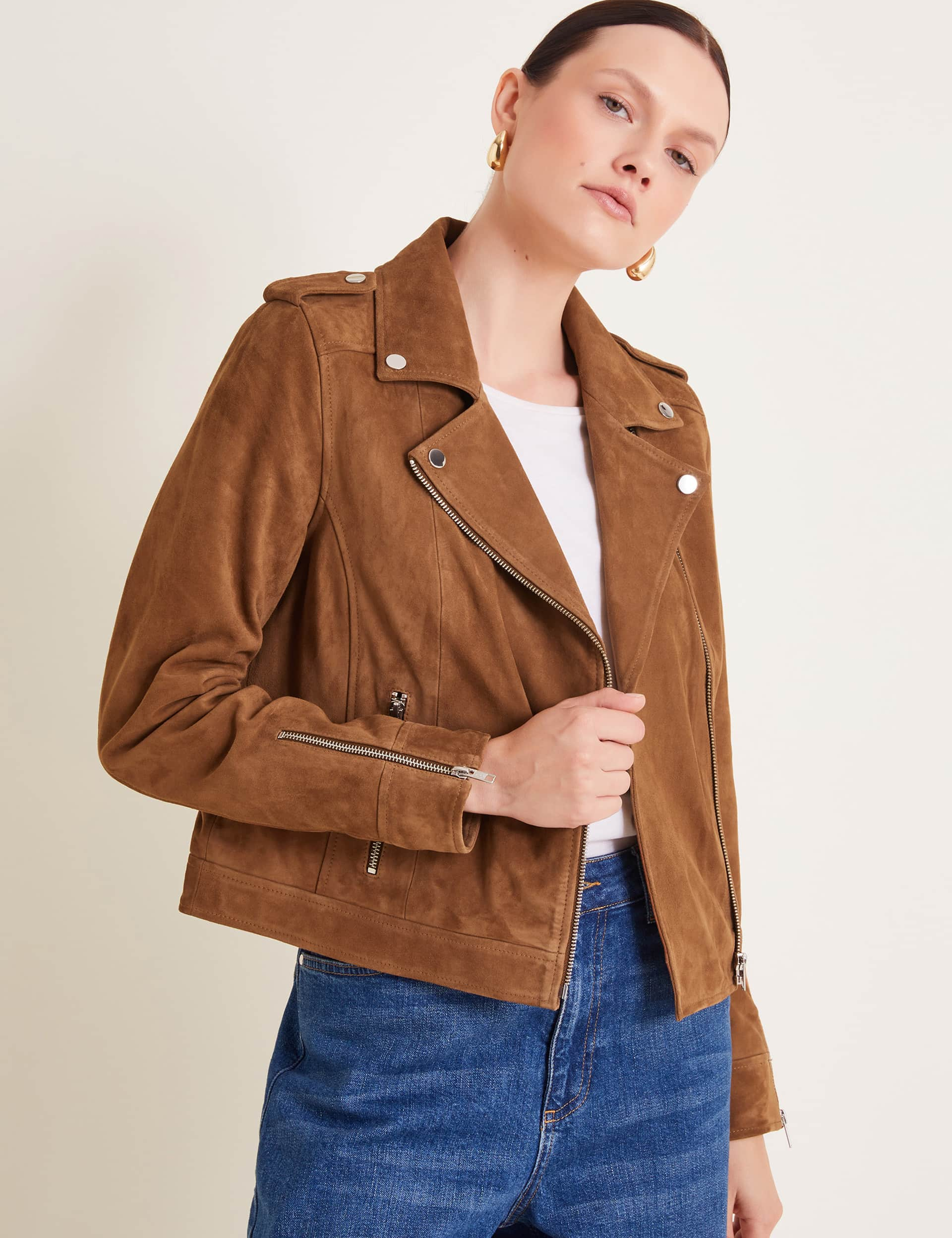 Monsoon Women's Suede Collared Biker Jacket - 10 - Tan, Tan