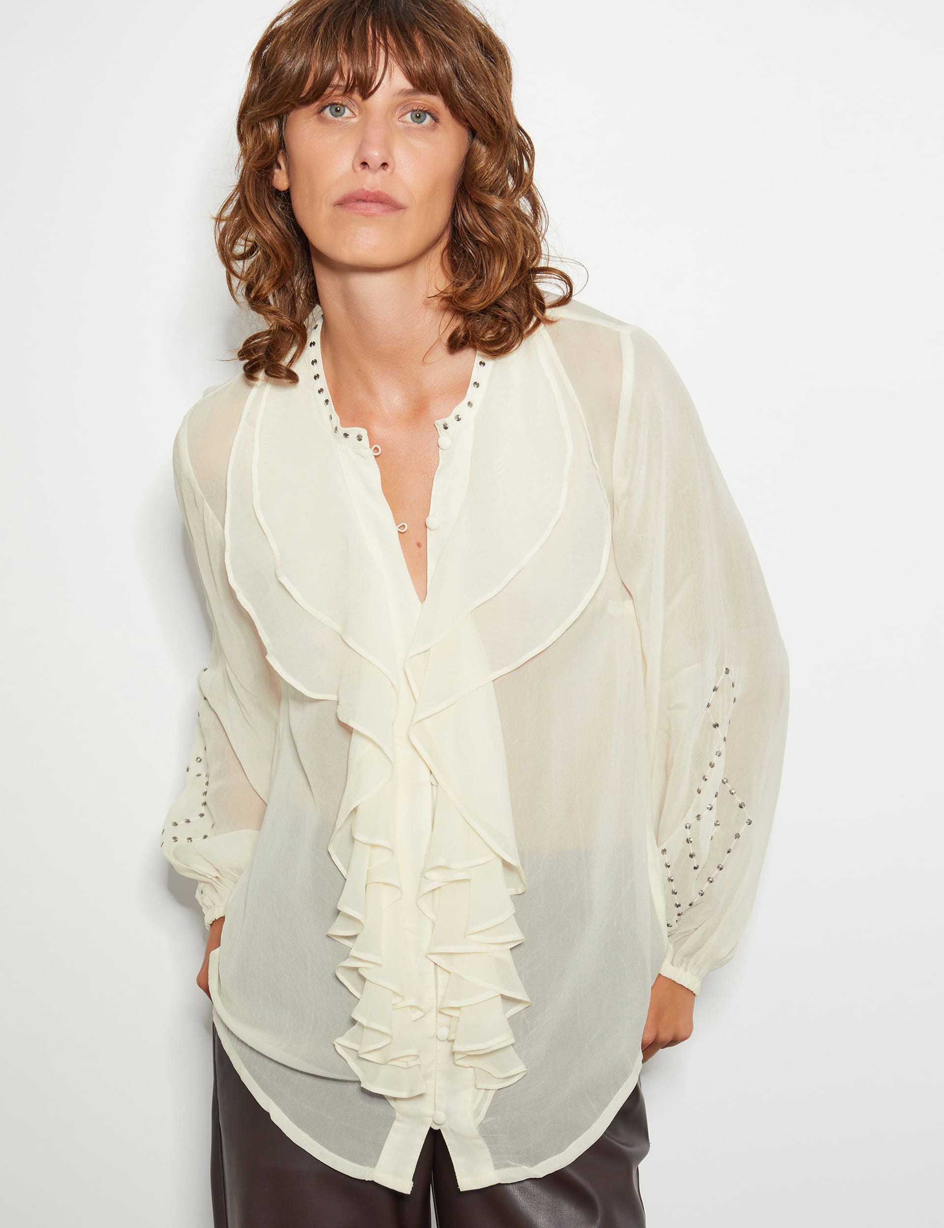 Monsoon Women's Sheer Embellished Round Neck Ruffle Blouse - Ivory, Ivory