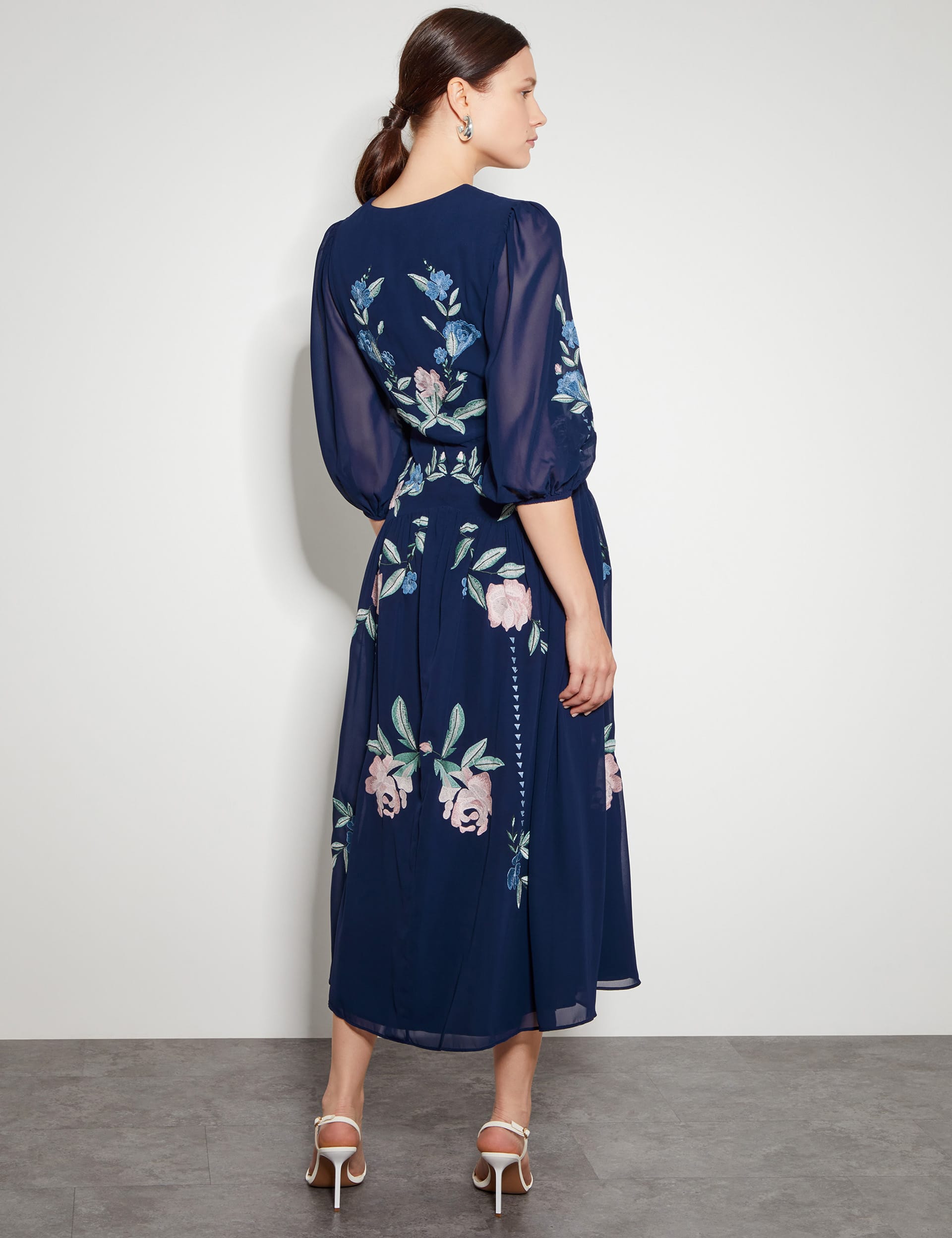 Monsoon Women's Embroidered V-Neck Midi Tea Dress - 10 - Navy Mix, Navy Mix