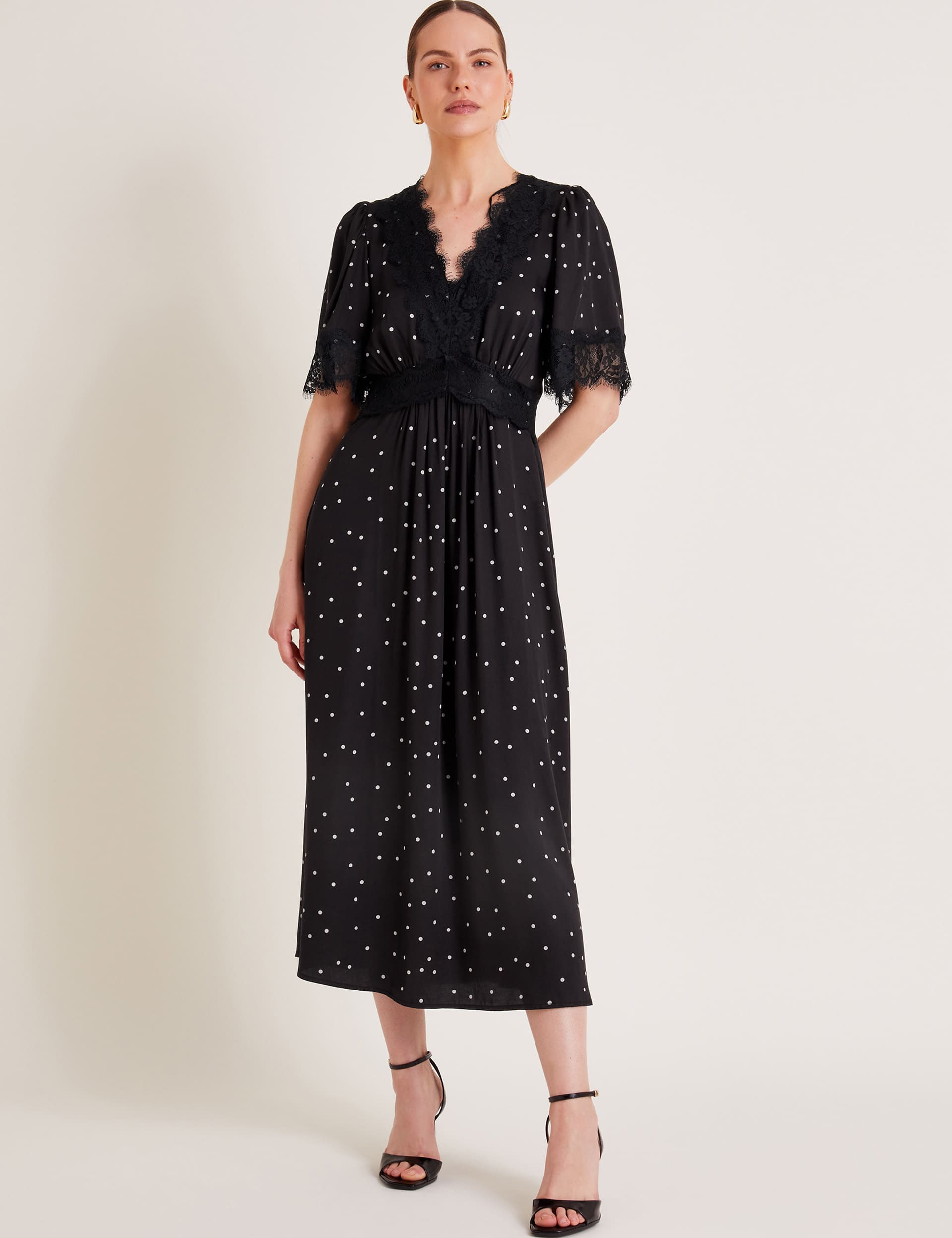 Monsoon Women's Polka Dot V-Neck Midi Tea Dress - 8 - Black Mix, Black Mix