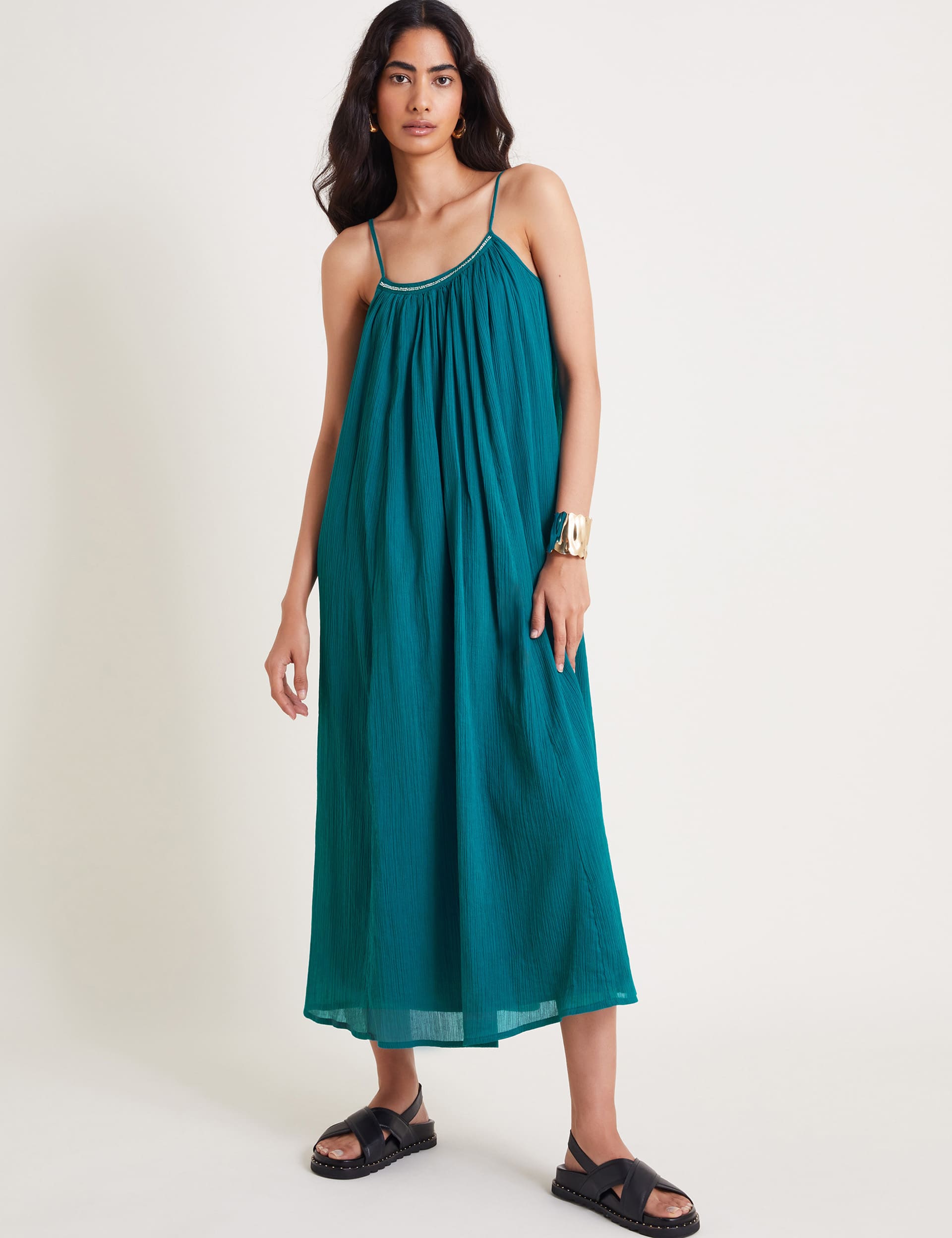 Monsoon Women's Pure Cotton Textured Midi Slip Dress - Teal, Teal