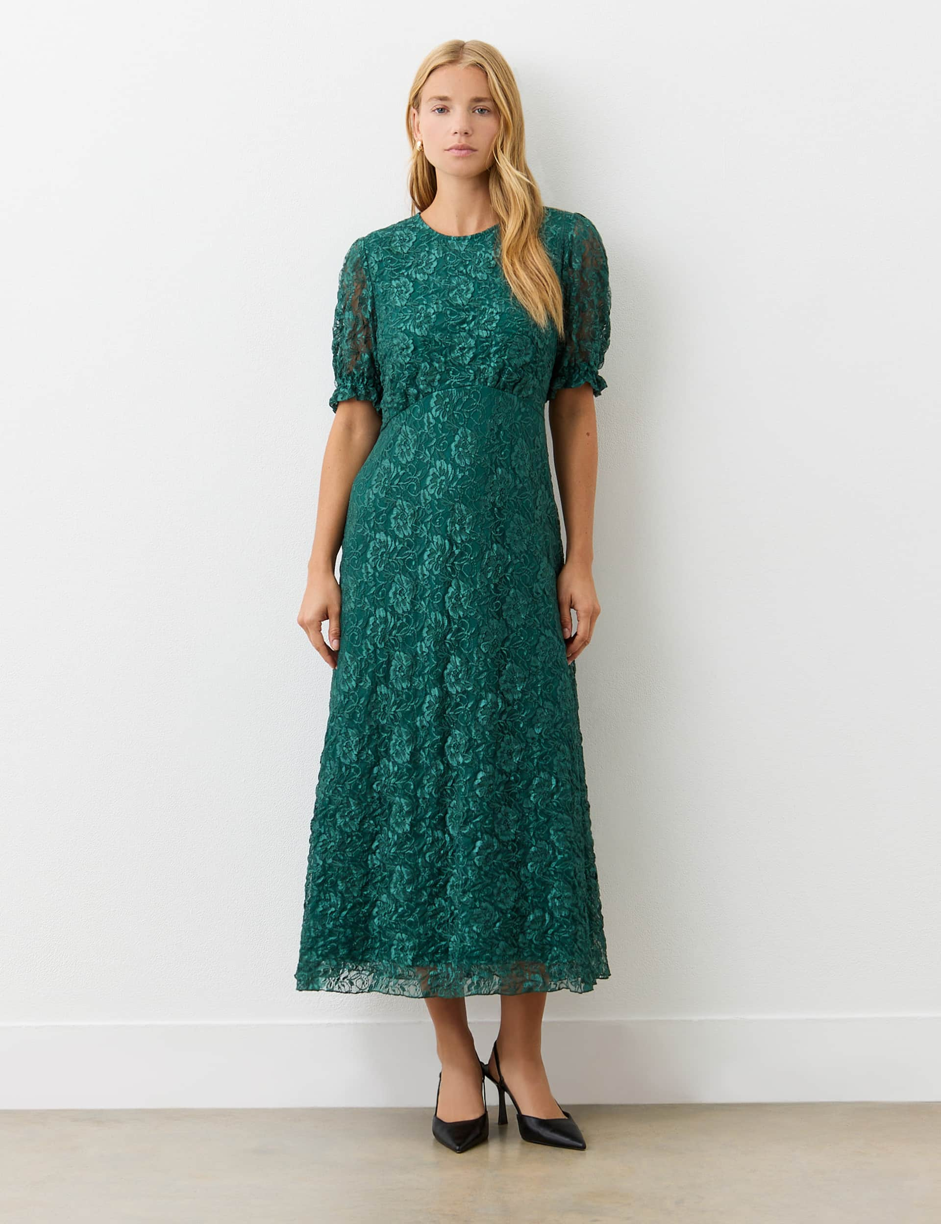 Finery London Women's Mela Lace Short Sleeve Midi Tea Dress - 18 - Green, Green