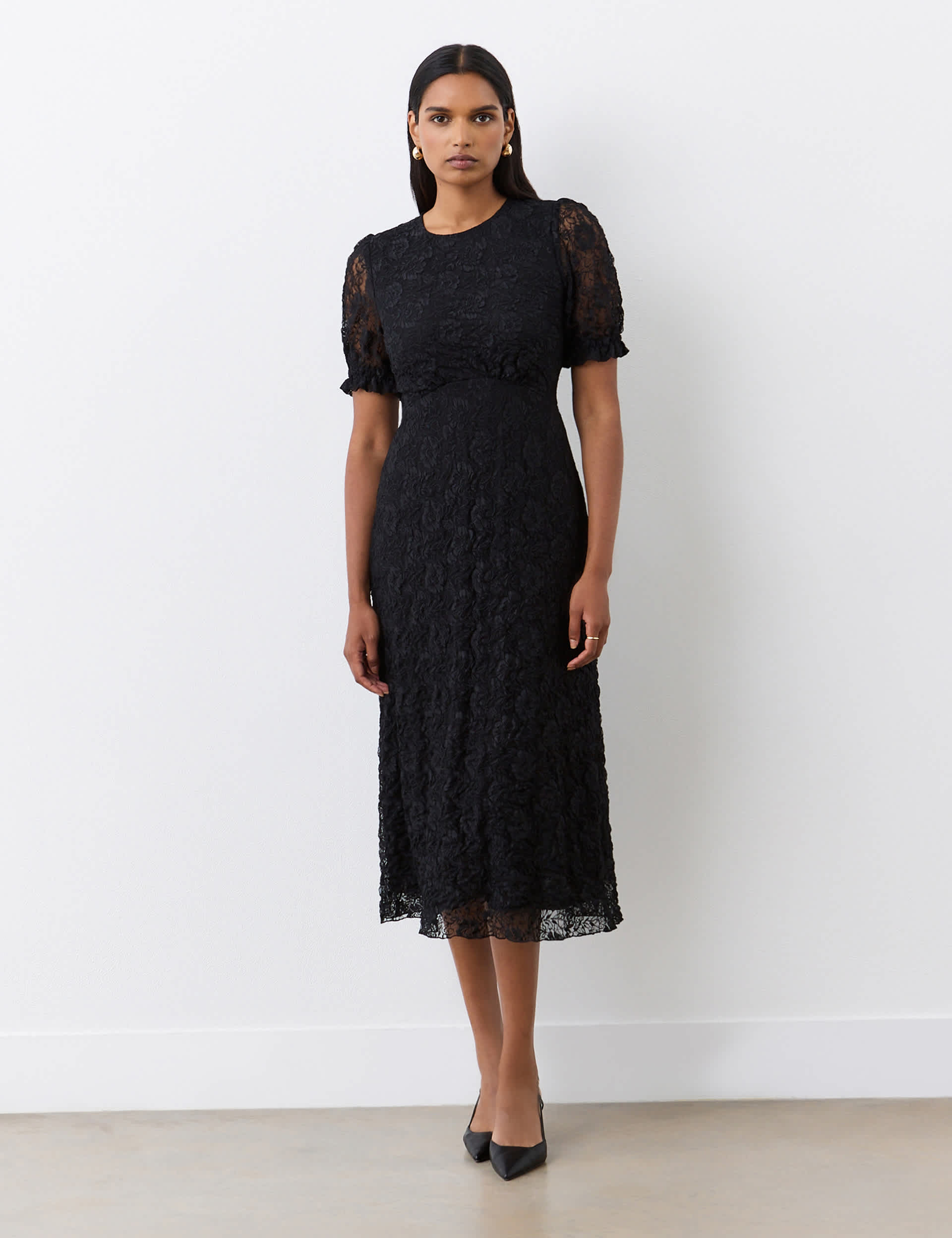 Finery London Women's Mela Lace Short Sleeve Midi Tea Dress - 12 - Black, Black,Green